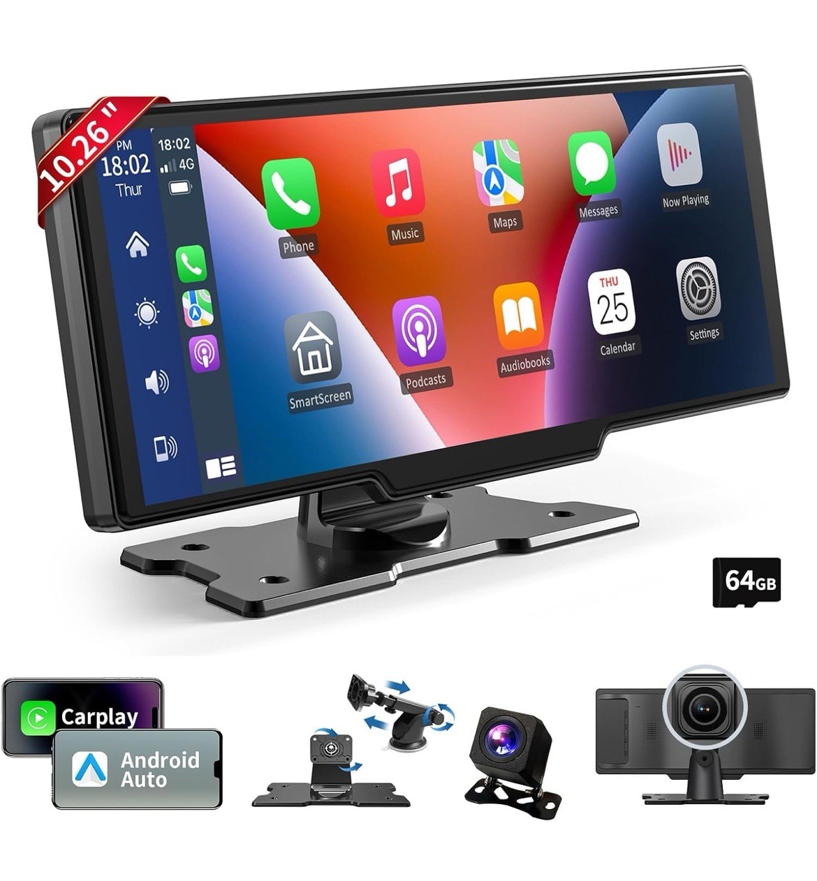 Wireless Portable Carplay TouchScreen Tablet for Car 10.26″ HD 4K Dash cam