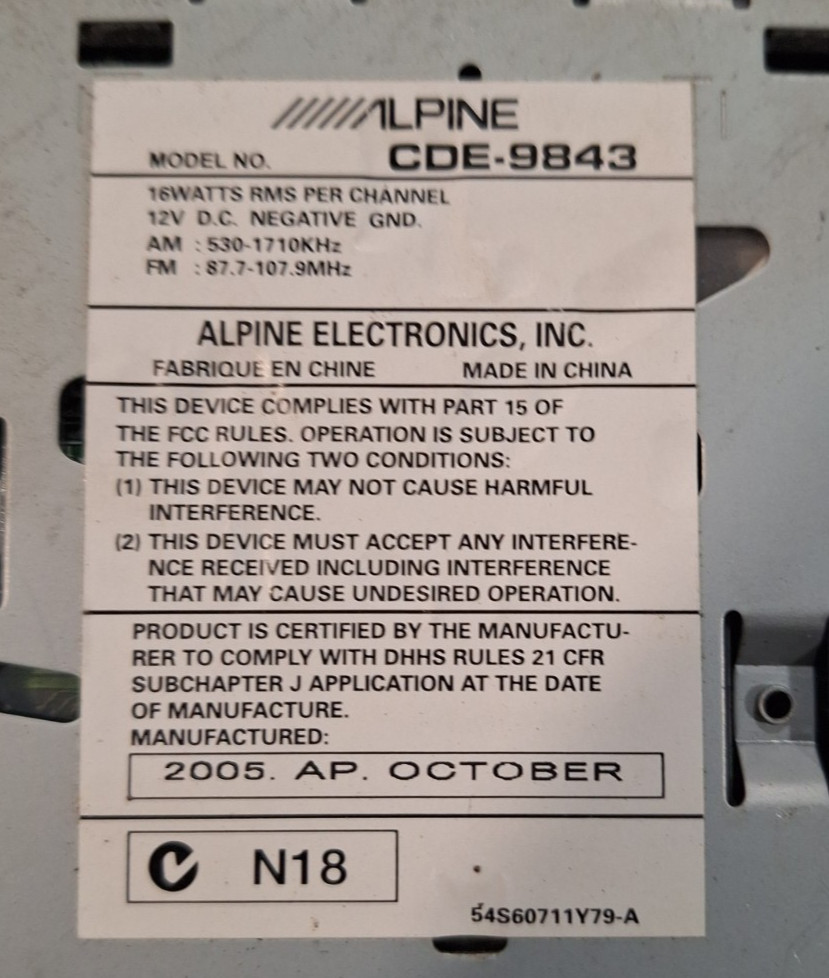 Alpine CDE-9843 CD Player In Dash Receiver