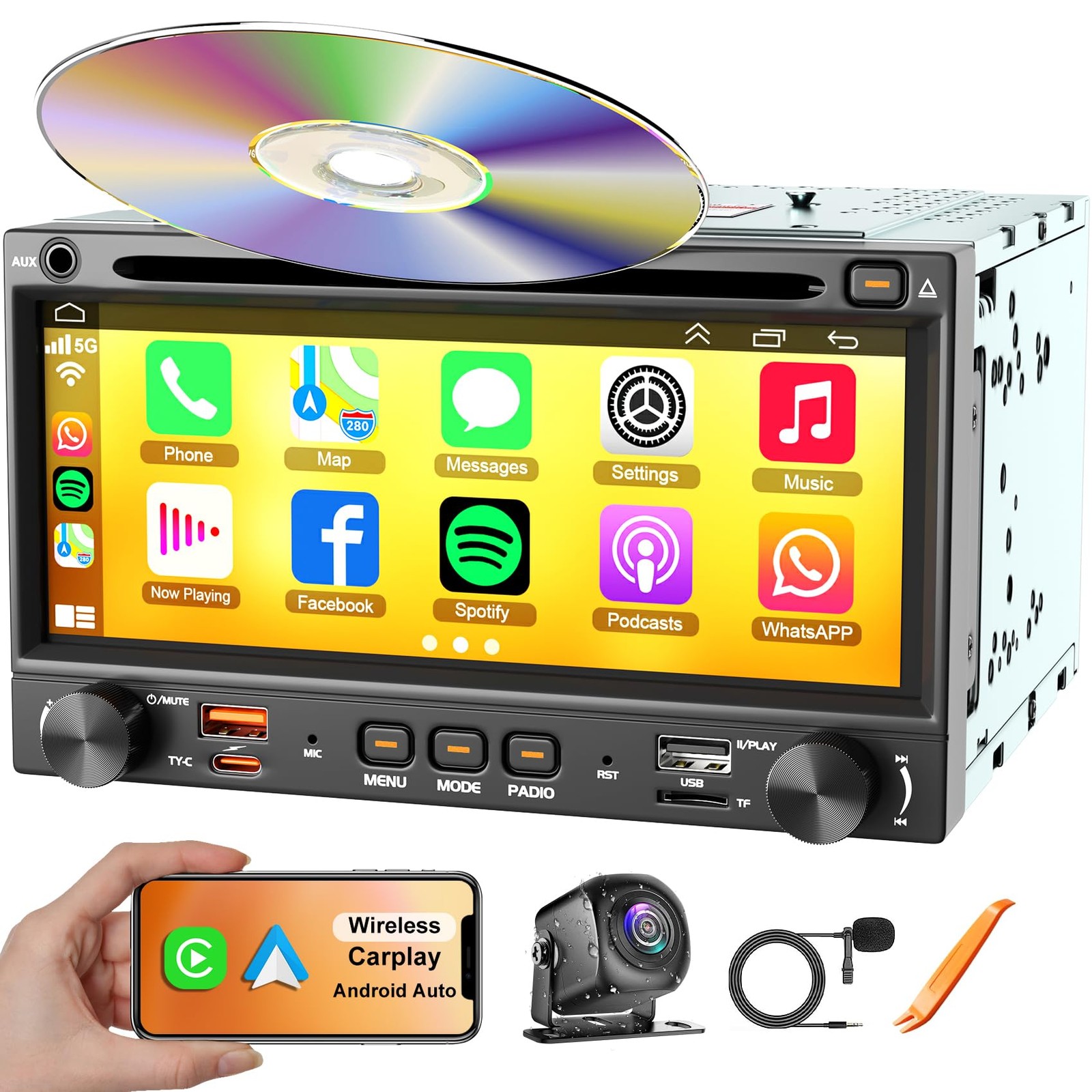 Double Din car Radio with CD/DVD Player, Wireless CarPlay & Android Auto Ster…