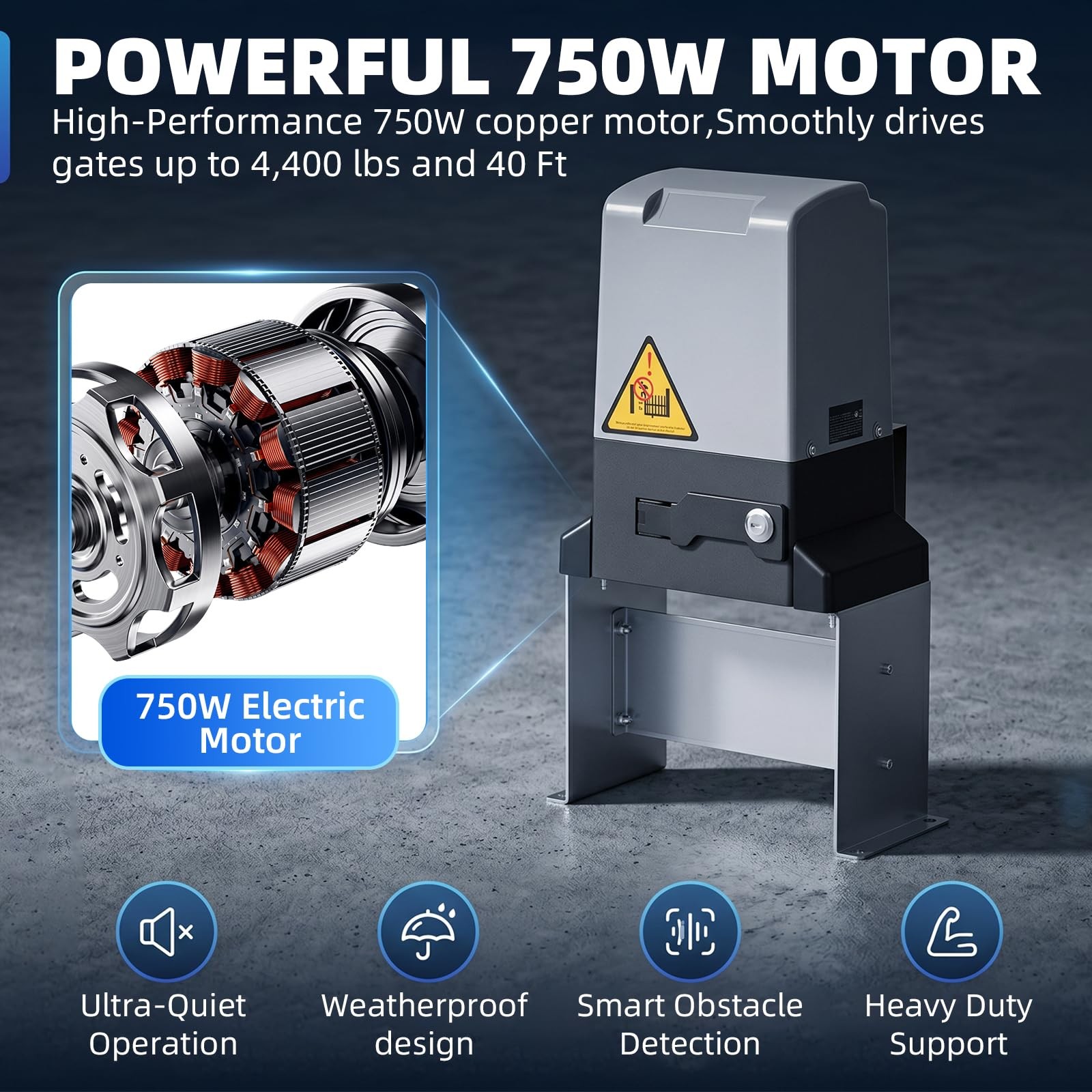 750W Automatic Sliding Gate Opener Motor 4400lbs 40ft APP Control 4 Remotes