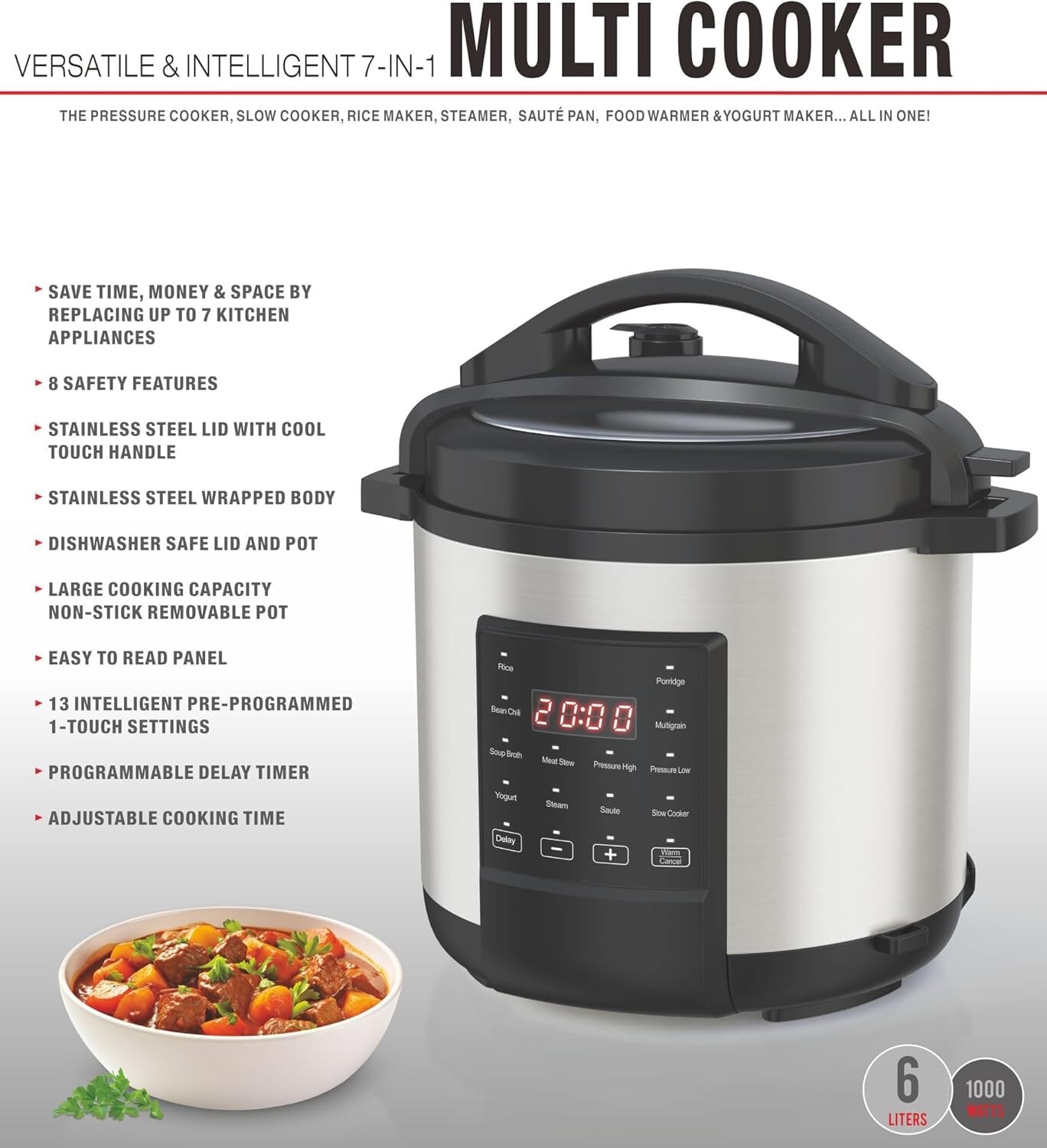 7-in-1 Multi Cooker, 6-Liter, 1000W Stainless Steel Programmable Pressure Cooker