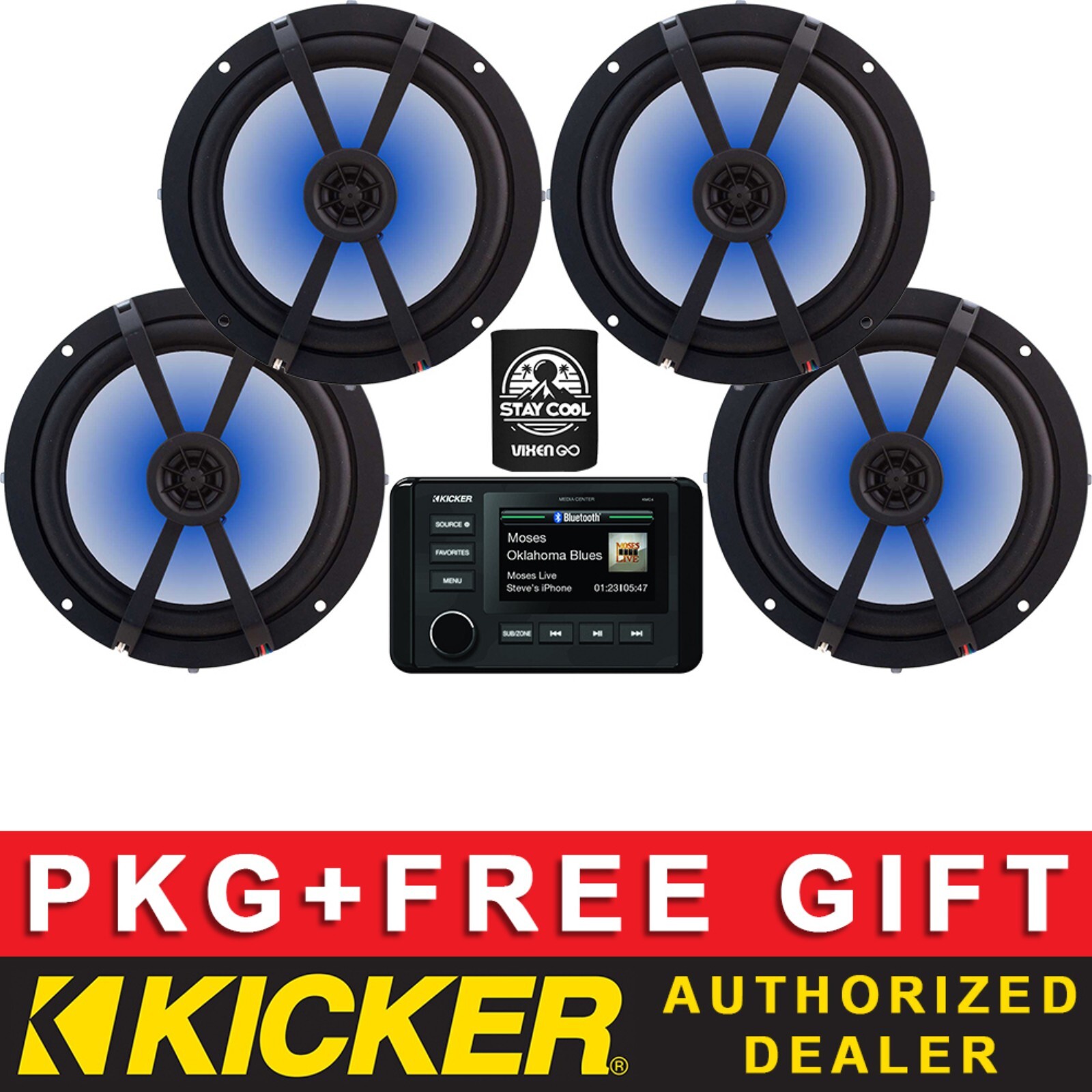 KICKER KMC4 DIGITAL MEDIA RECEIVER MARINE AUDIO PACKAGE+8″ LED SPEAKERS 2 PAIRS