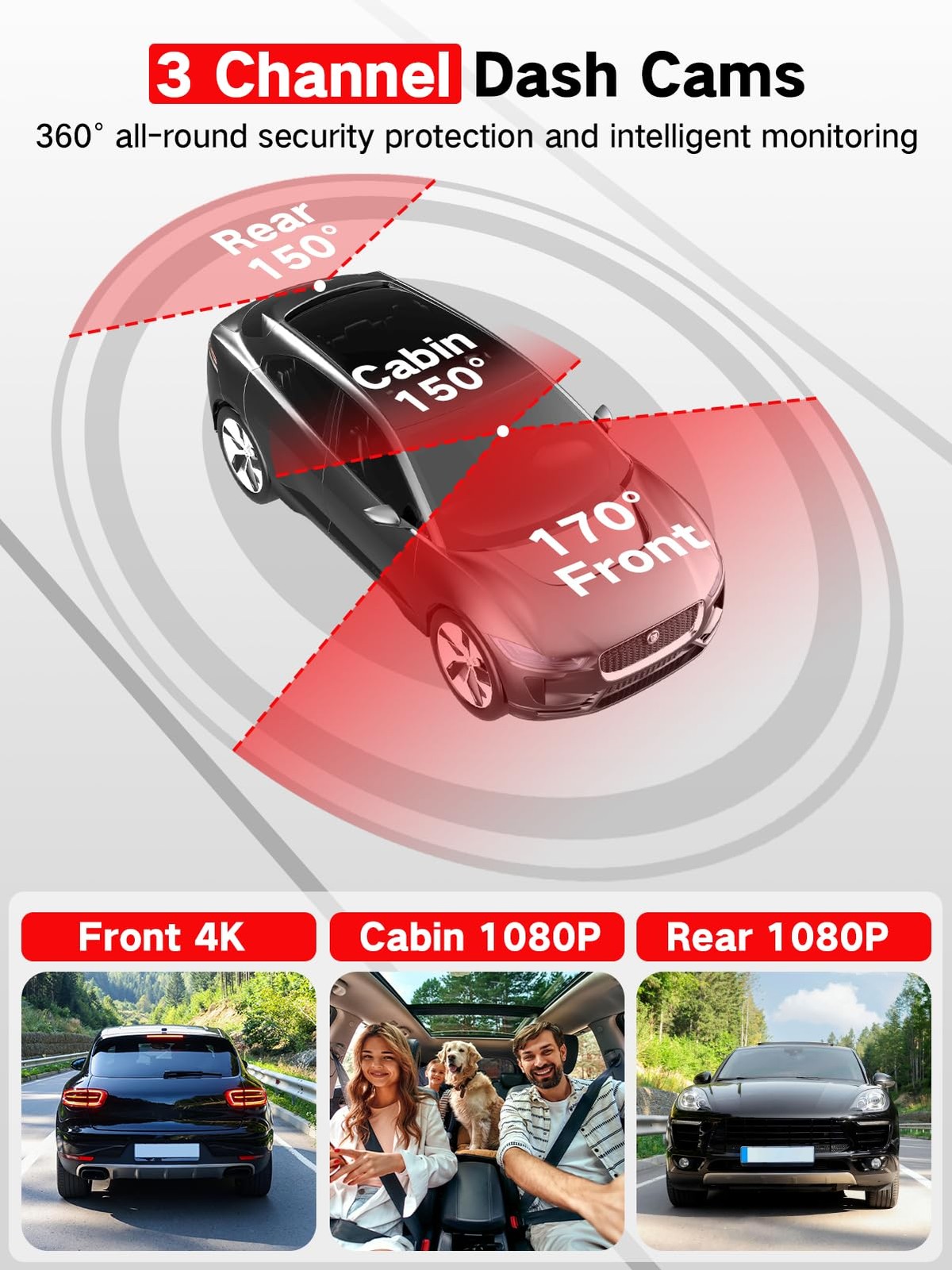 4K UHD 3-Channel Dash Cam Front/Rear/Inside Car Camera with 64GB – Night Vision/