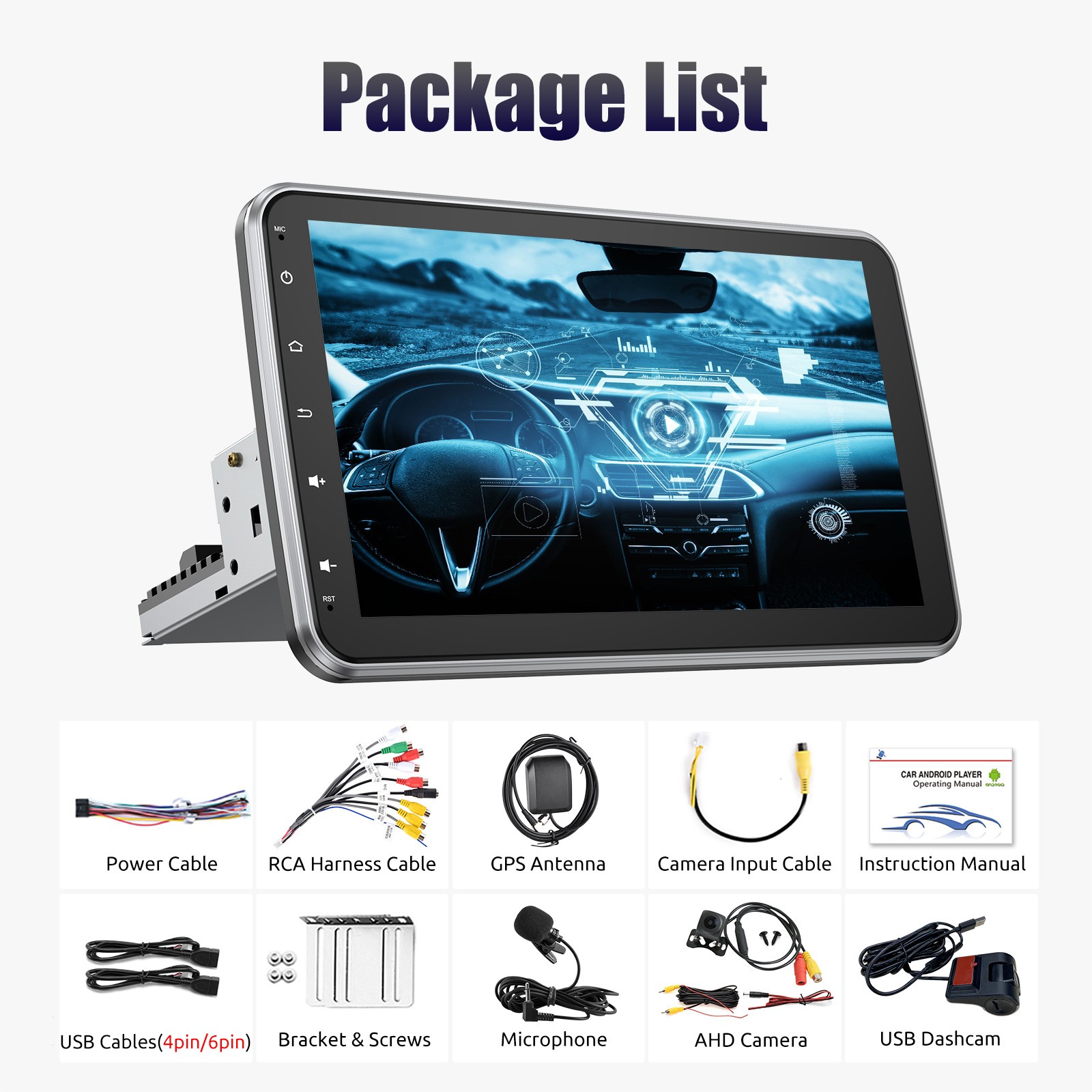 10.1″ DVR+ Carplay 4+64G Car Stereo Radio 1Din Rotatable Touch Screen MP5 BT+AHD