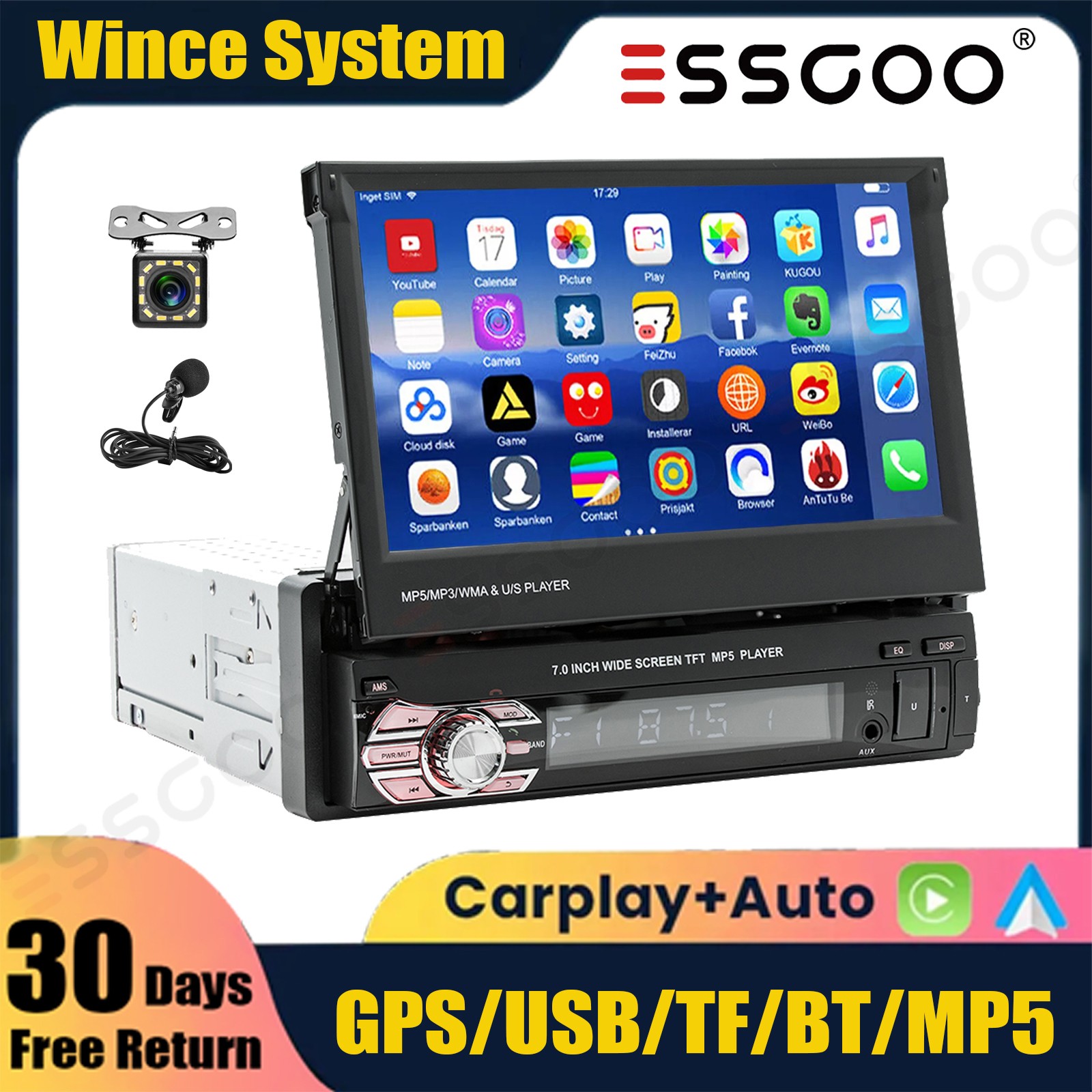 7″ Filp Out Wireless CarPlay Android Auto Touch Screen Car Radio Stereo BT+CAM