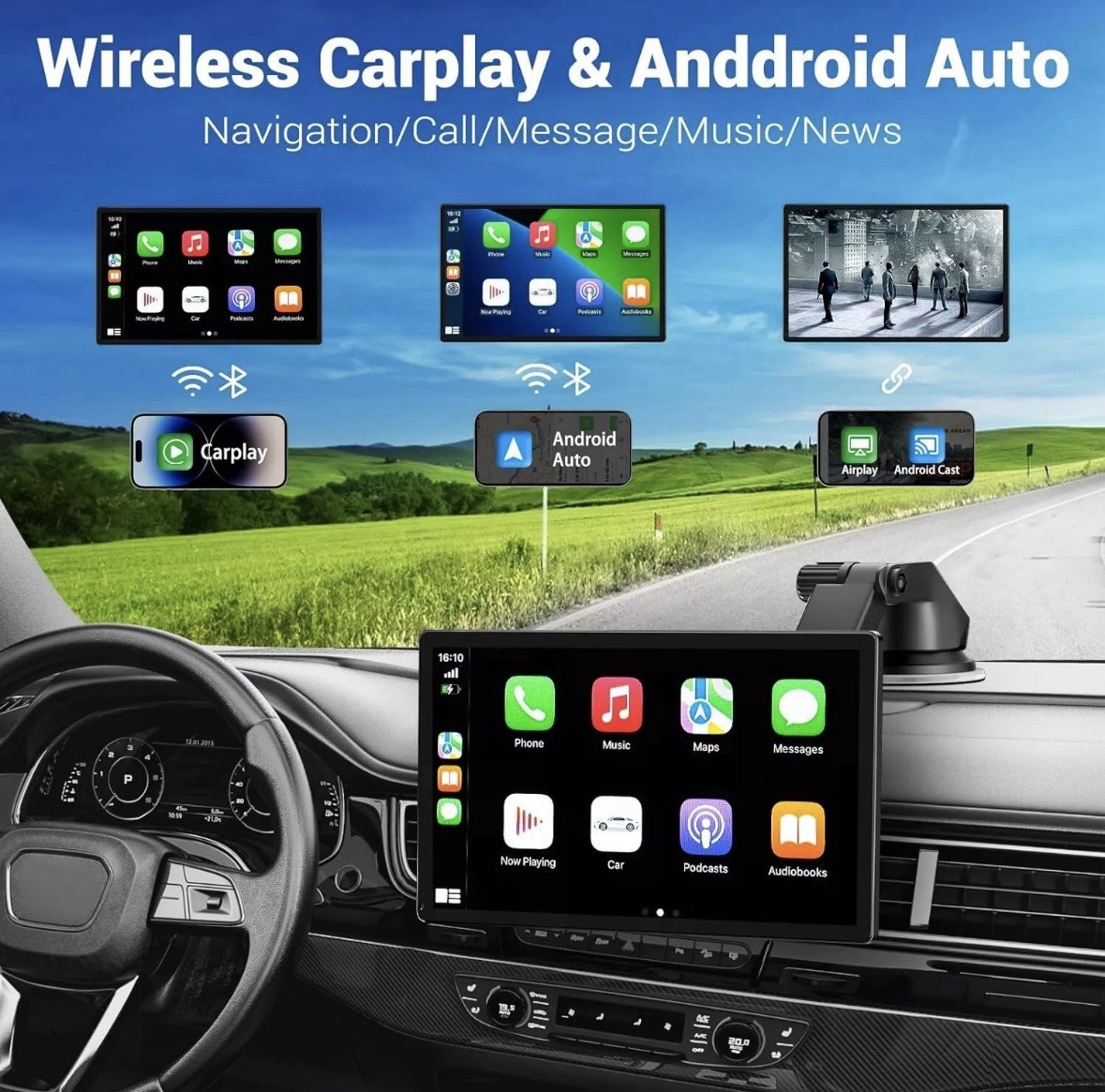 Wireless Carplay Touchscreen 4K Dash Cam, 9″ Portable Apple Carplay Android Auto
