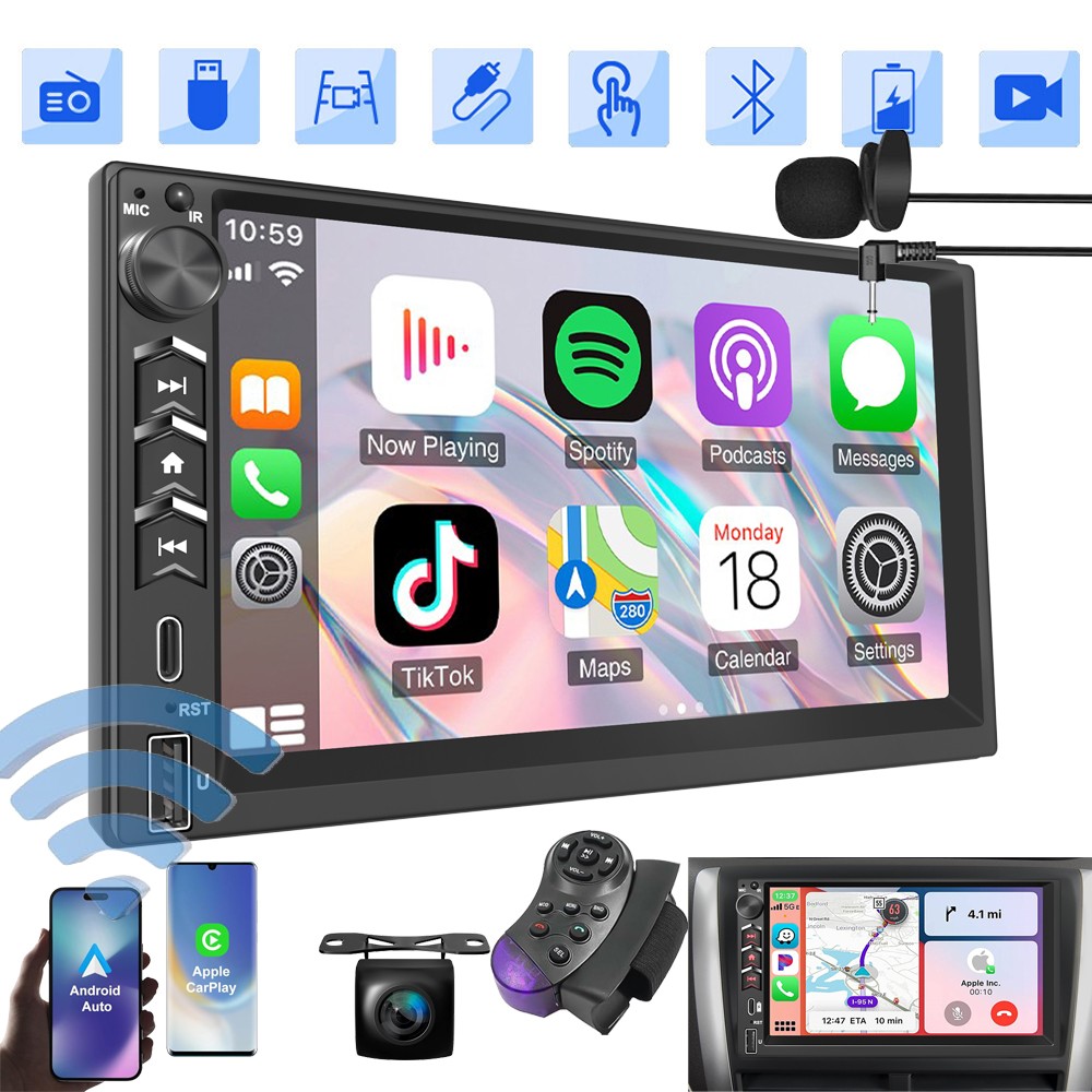In-Dash 7″ QLED Double DIN CarPlay Android Auto GPS Car Stereo Radio DSP USB RDS