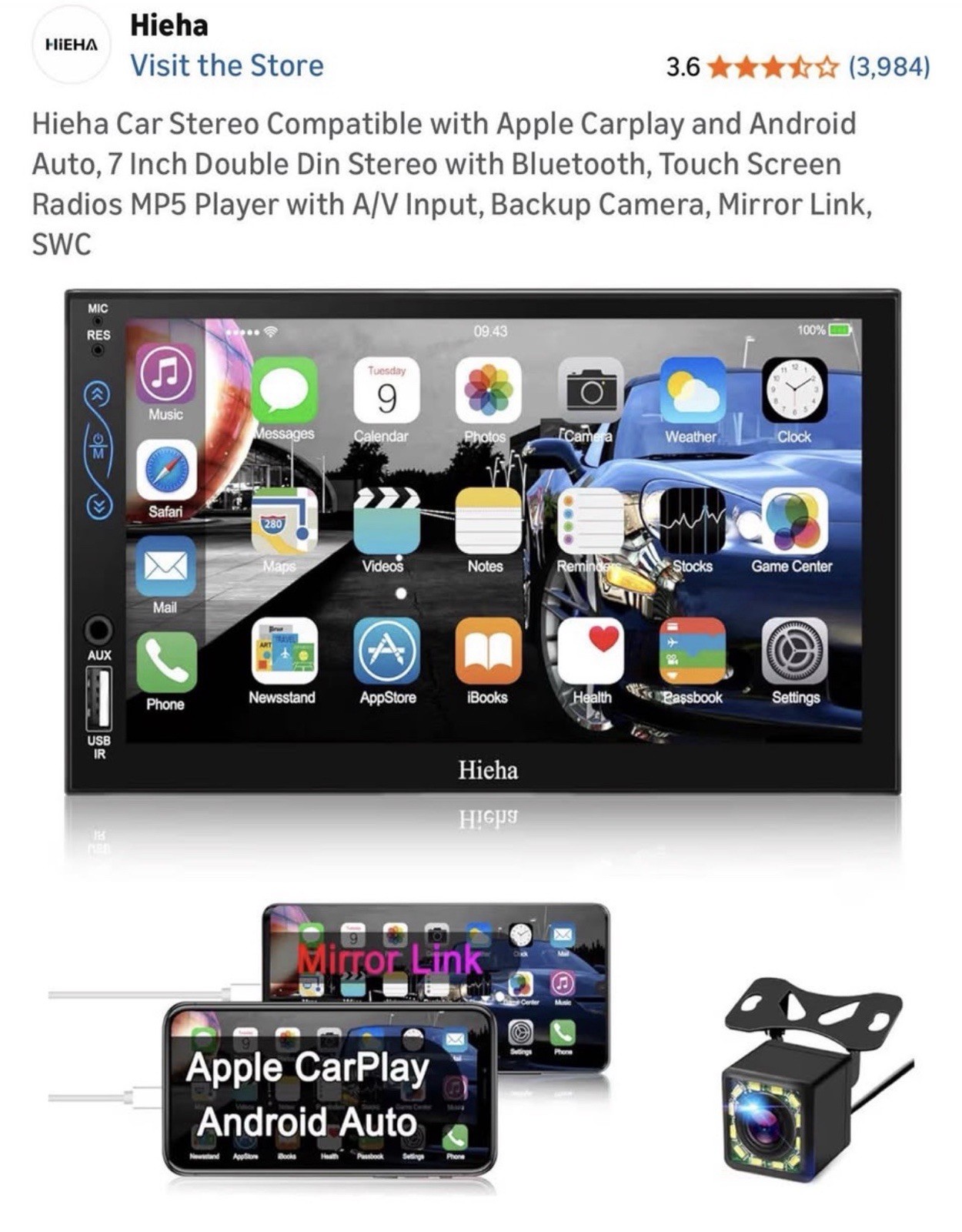 Hieha 7in 2 DIN MP5 Car Stereo Touchscreen Bluetooth CarPlay Android Auto Cam
