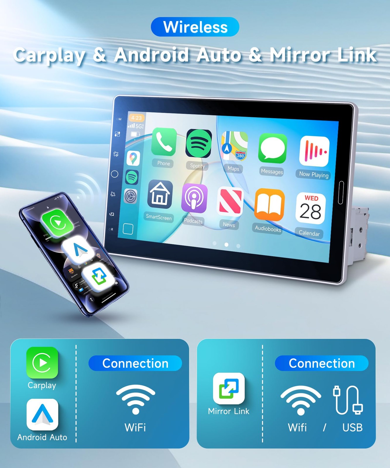 10.1 inch Single Din Radio Wireless CarPlay Android Auto, Detachable Touchscr…