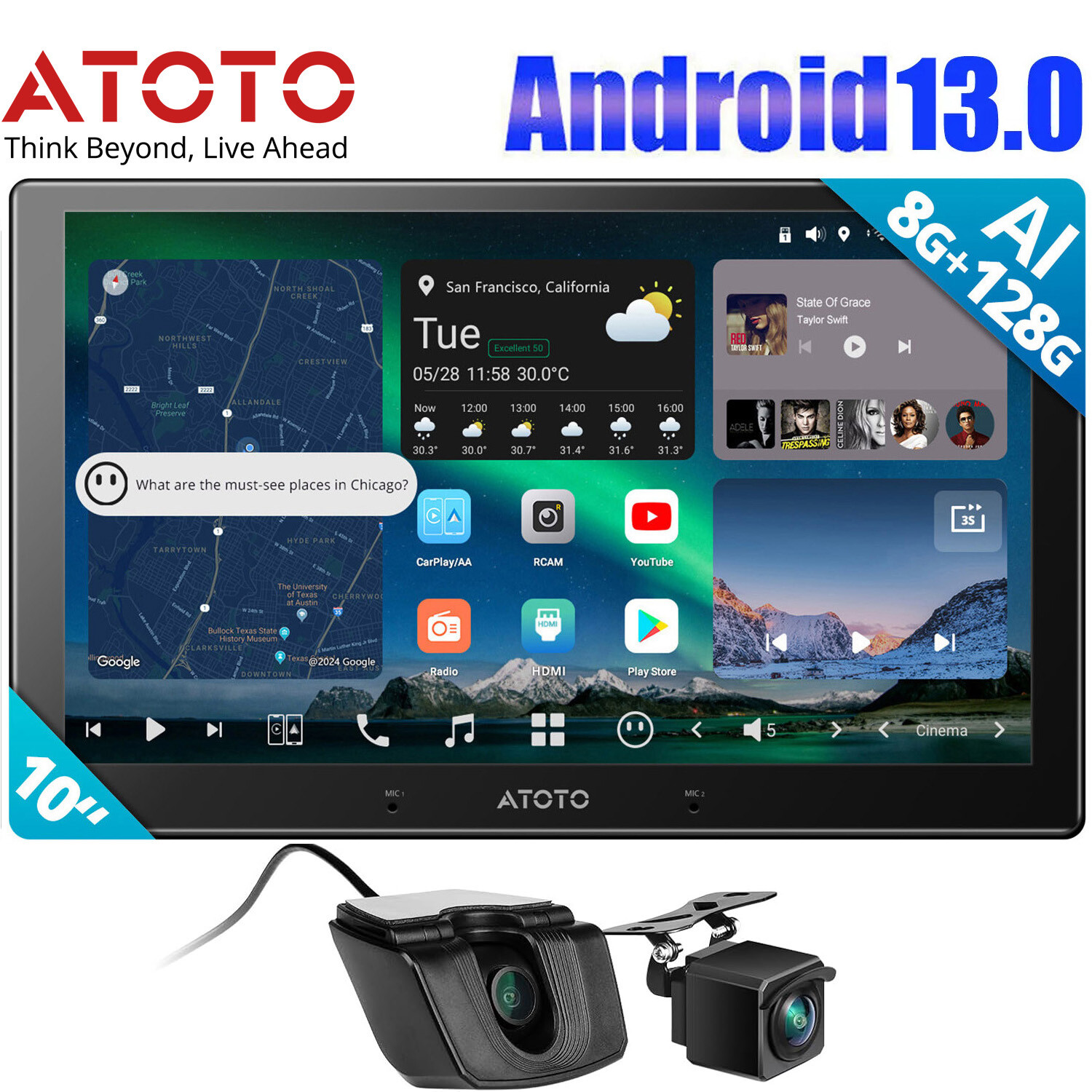 ATOTO 10″ X10 2DIN Android13 ChatGPT Car Stereo GPS Radio + HD DVR Dash/Rear Cam