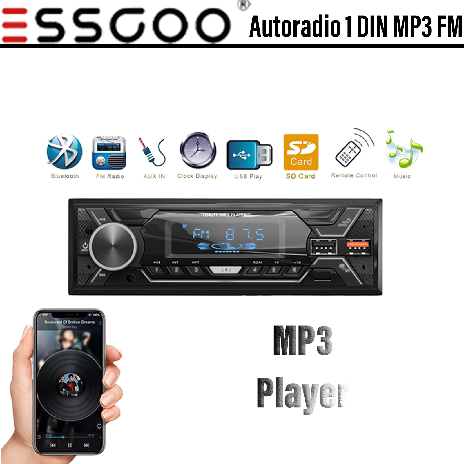 Car Stereo Head Unit Radio Audio MP3 Player Single DIN USB Bluetooth Remote AUX