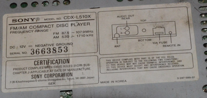 Sony FM/AM Compact Disc Player Model CDX-L510X.
