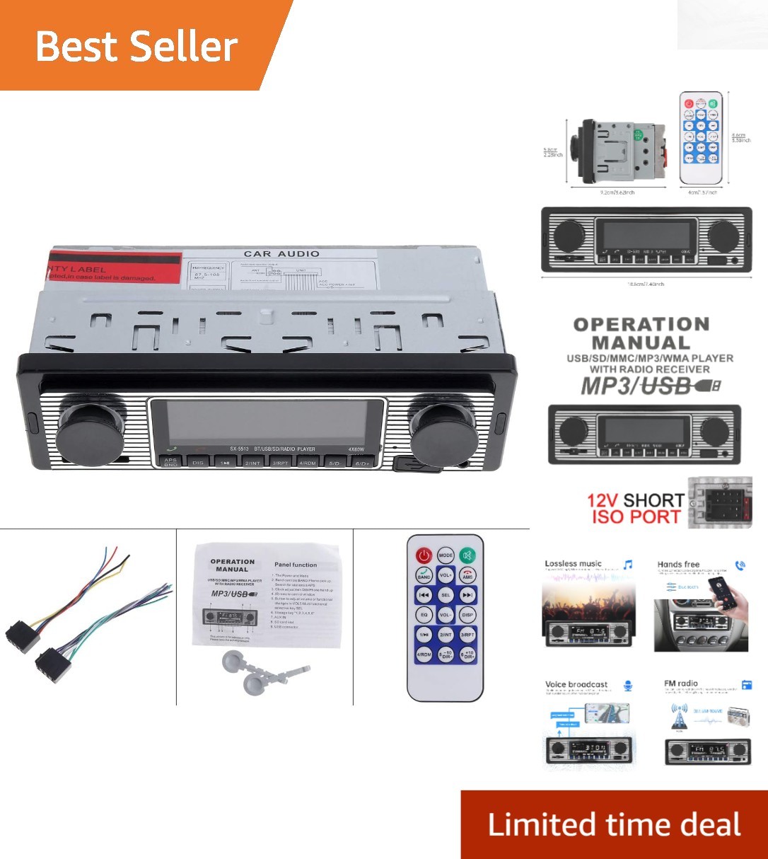 Sleek 12V Bluetooth Car Stereo with FM Radio, USB, SD & Remote Control