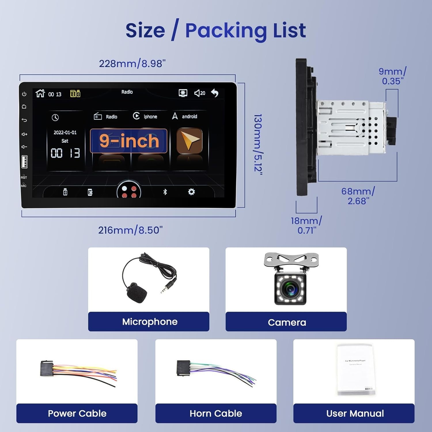 Single Din Car Radio, Bluetooth, GPS, USB, EQ, Backup Camera