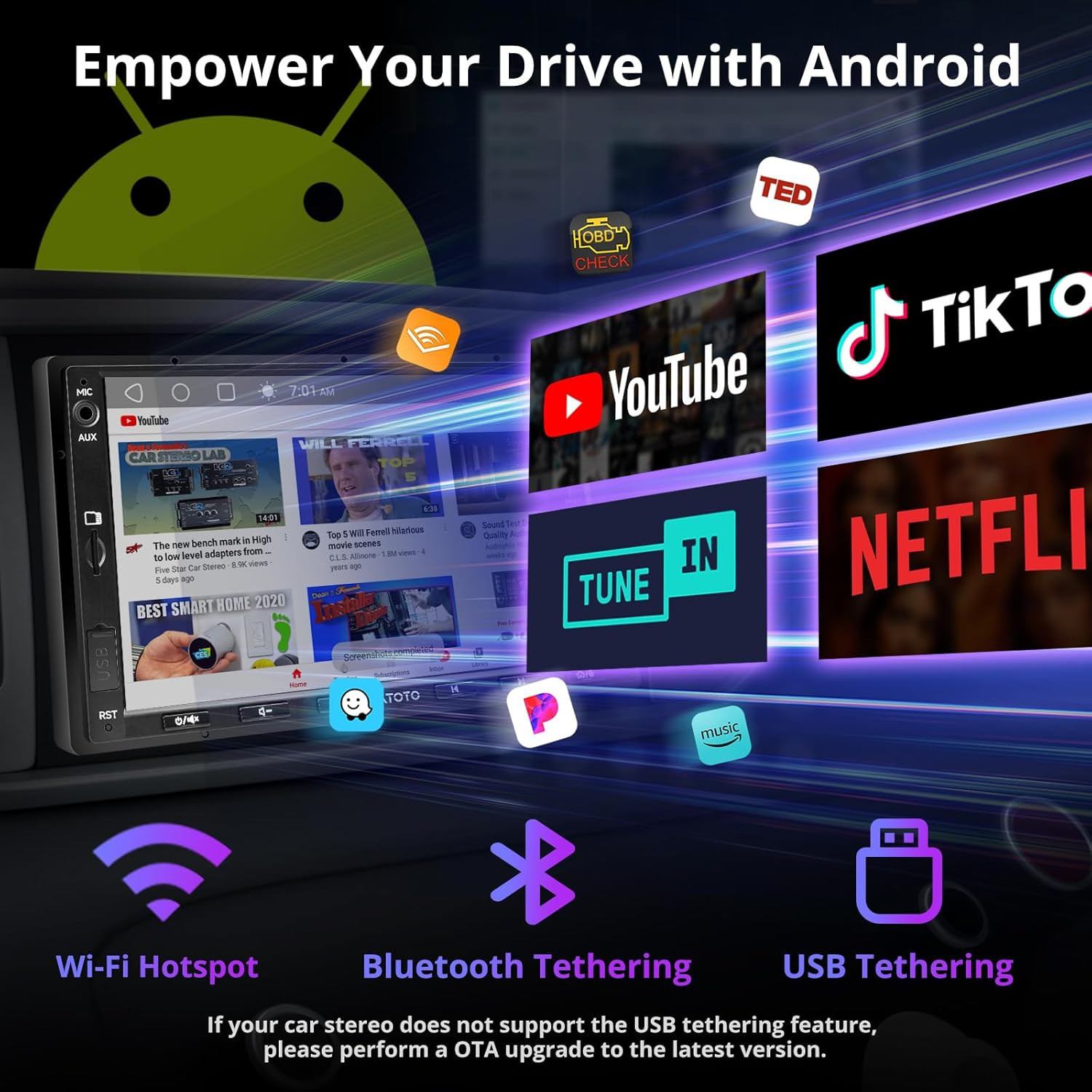 A5L 7 Inch Android Double DIN Car Stereo, Wireless Carplay & Android Auto, Wi-Fi