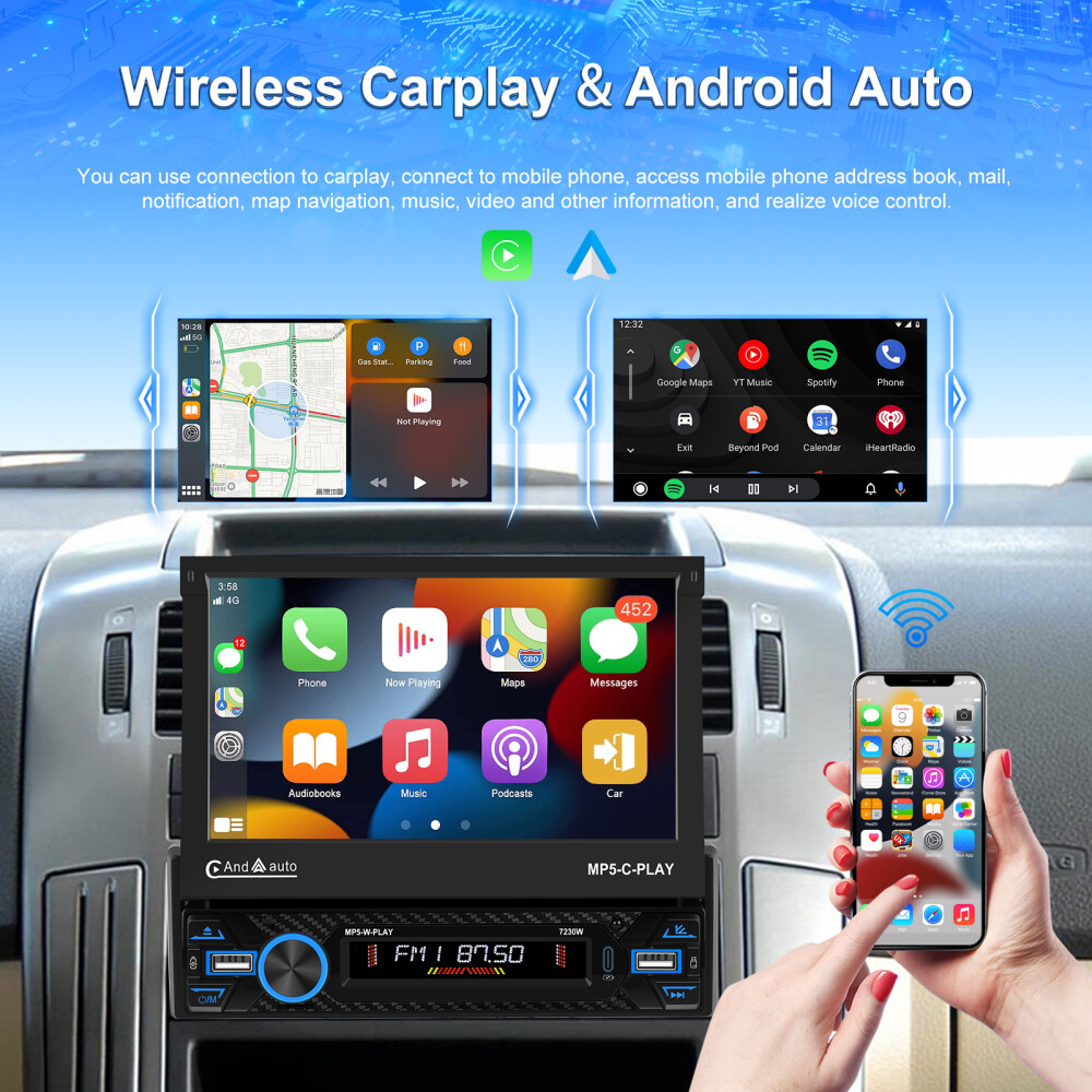 7″ Single 1DIN Car Stereo electric CarPlay Touch Screen USB MP5 Player Flip Out