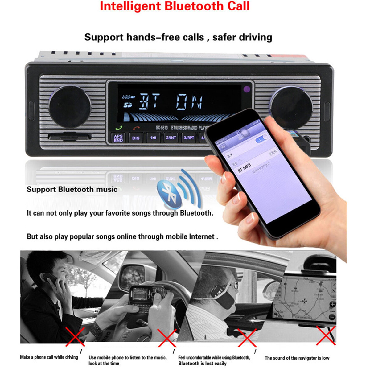 Bluetooth Vintage Car FM Radio MP3 Player USB Classic Stereo Audio Receiver AUX