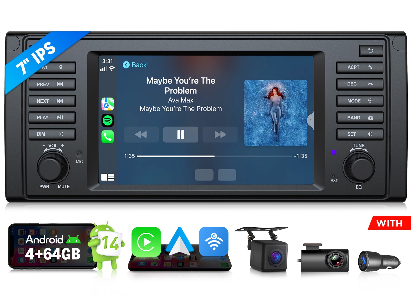 CAM+DVR+Android 14 4+64G 7″ for BMW E39 528i 530i Car Radio Stereo Apple CarPlay