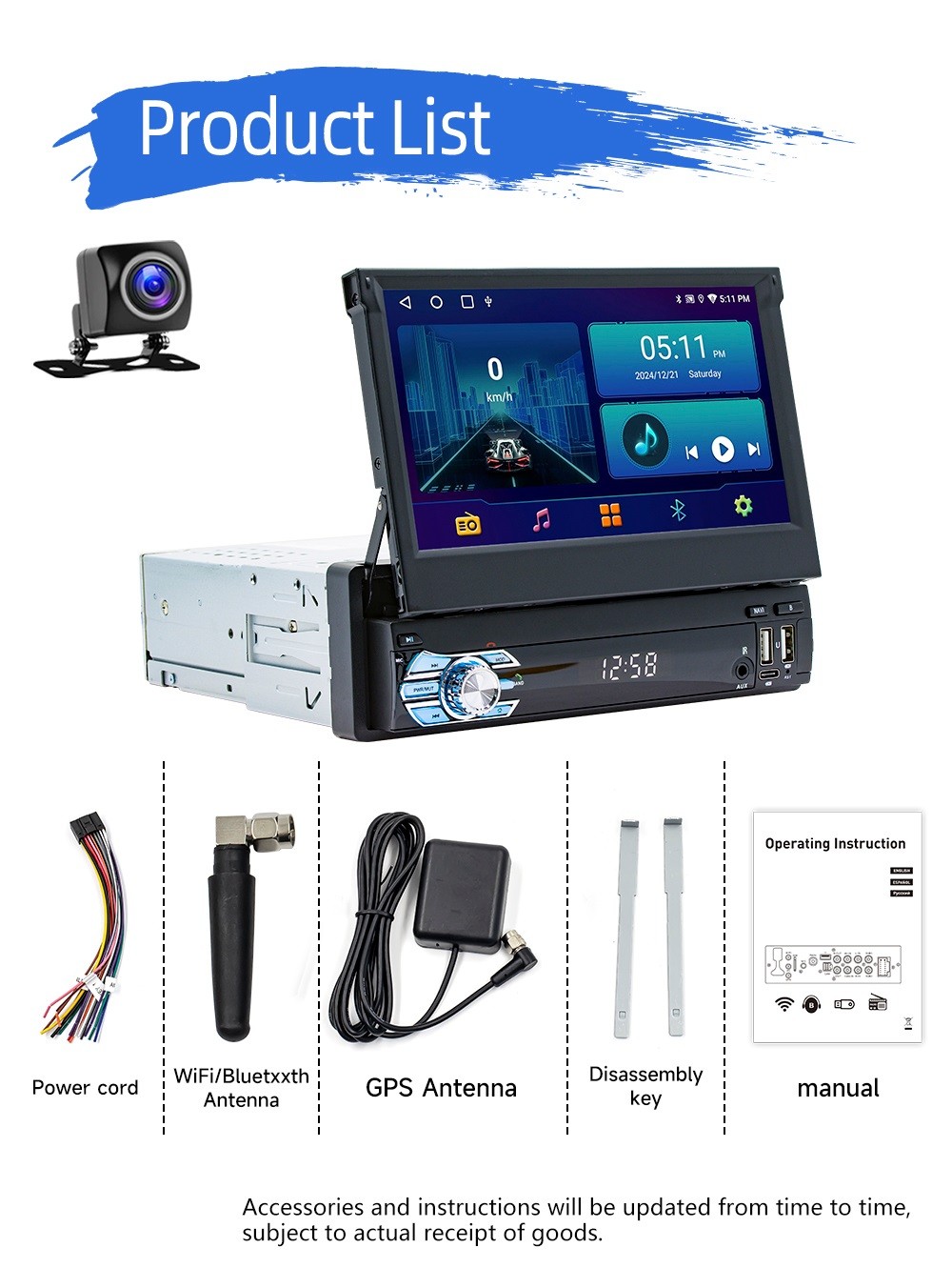 7″ Single 1 DIN Android 15 Flip Out Screen Carplay Car Stereo USB WIFI 64G+AHD