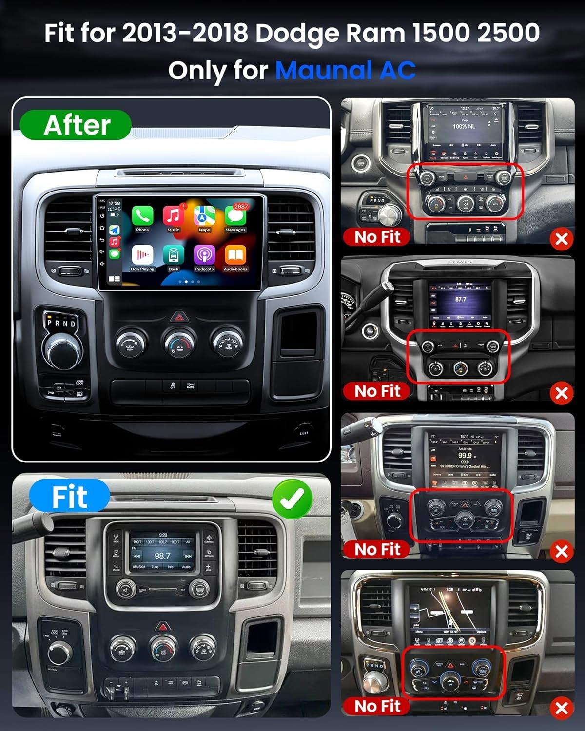 9″ 8Core 32G Android Auto Carplay for 2013-2018 Dodge Ram 1500 2500; Manual AC