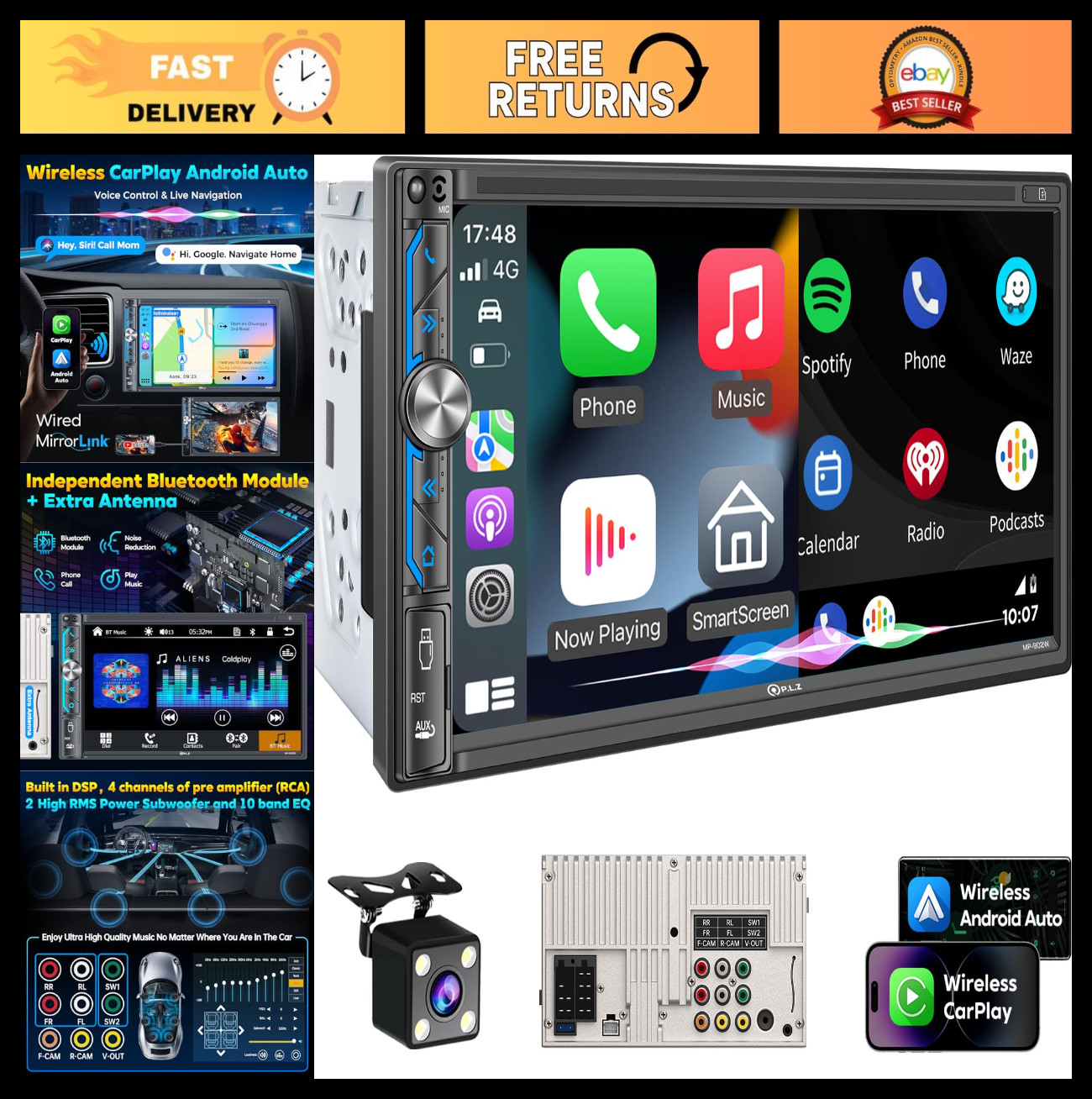7″ Wireless Double Din Car Stereo – Apple CarPlay, Android Auto, Bluetooth 5.3,