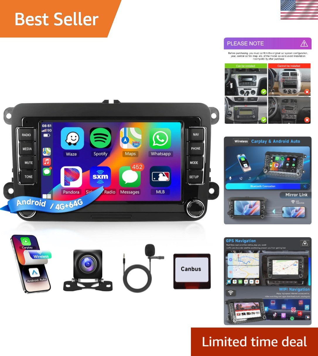 Upgrade Your VW with 4G+64G Android Stereo – Wireless CarPlay, 7” Display
