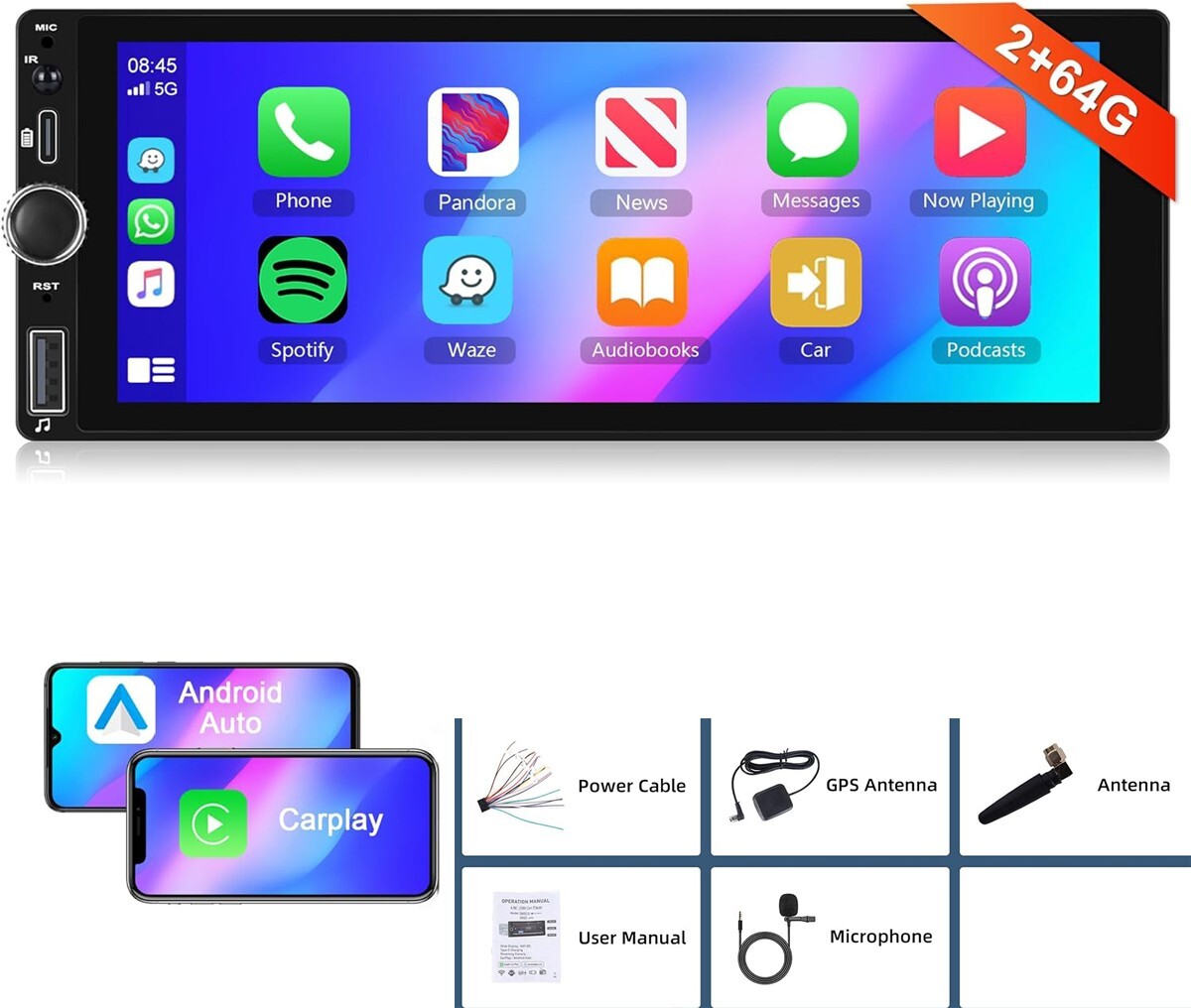 Android 13 Single 1 Din Car Stereo Wireless Apple Carplay/Android Auto Radio 64G