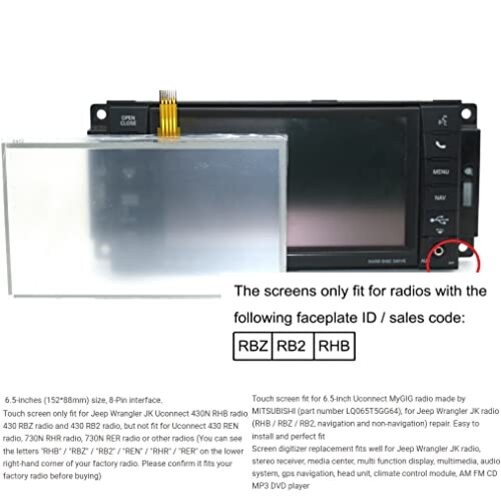Navigation Touch Screen Digitizer for Chrysler/Dodge/Jeep Radio 6.5-inch LCD