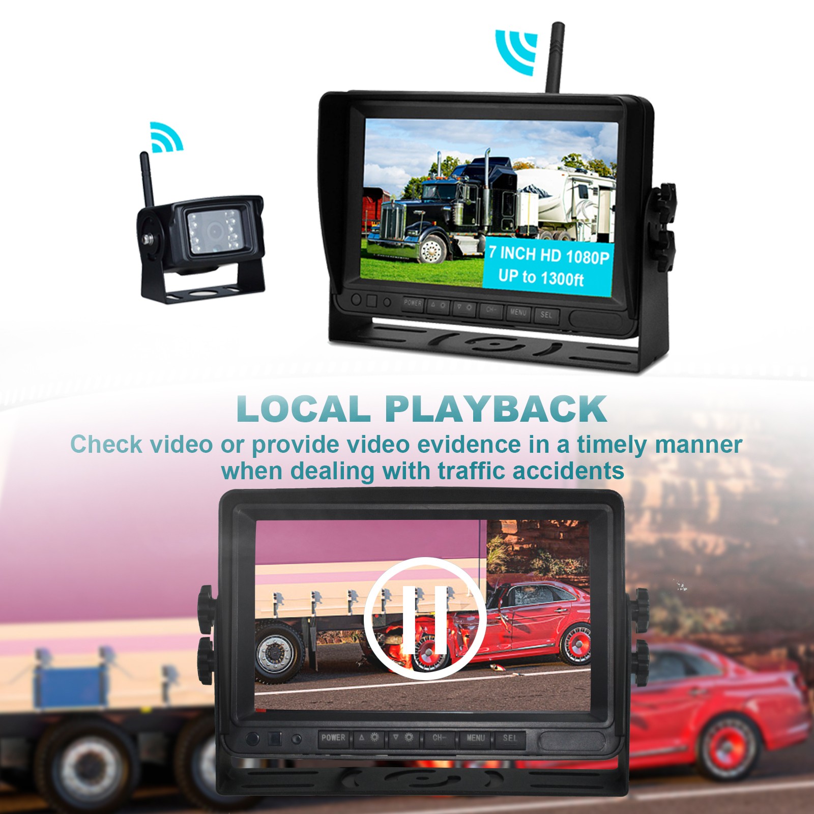 7″ Display Wireless AHD 1080P 1CH Rear View Backup Camera Kit for Truck/Trailer