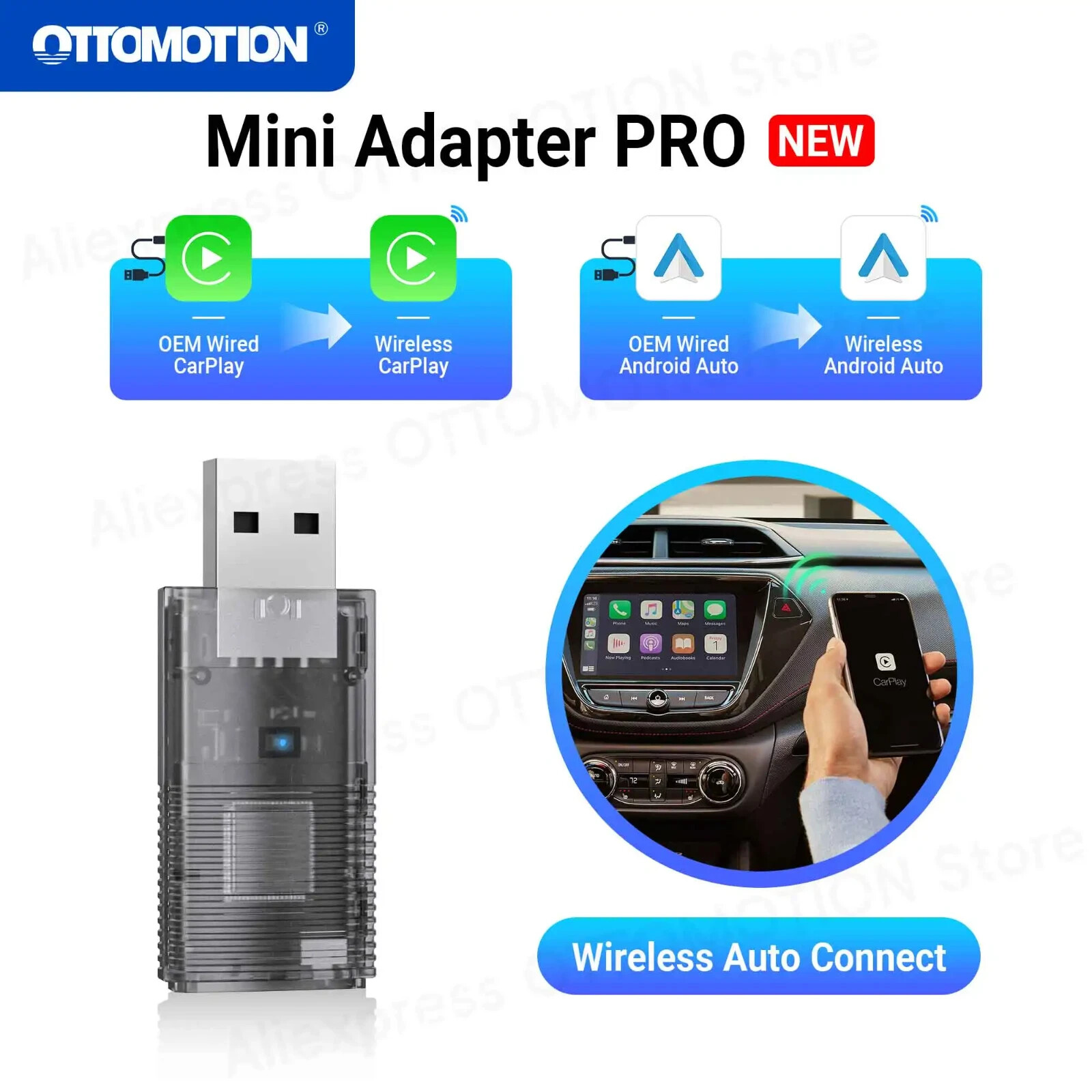 Mini Wireless Carplay / Android Auto Adapter USB Plug & Play, Music & Phone Call