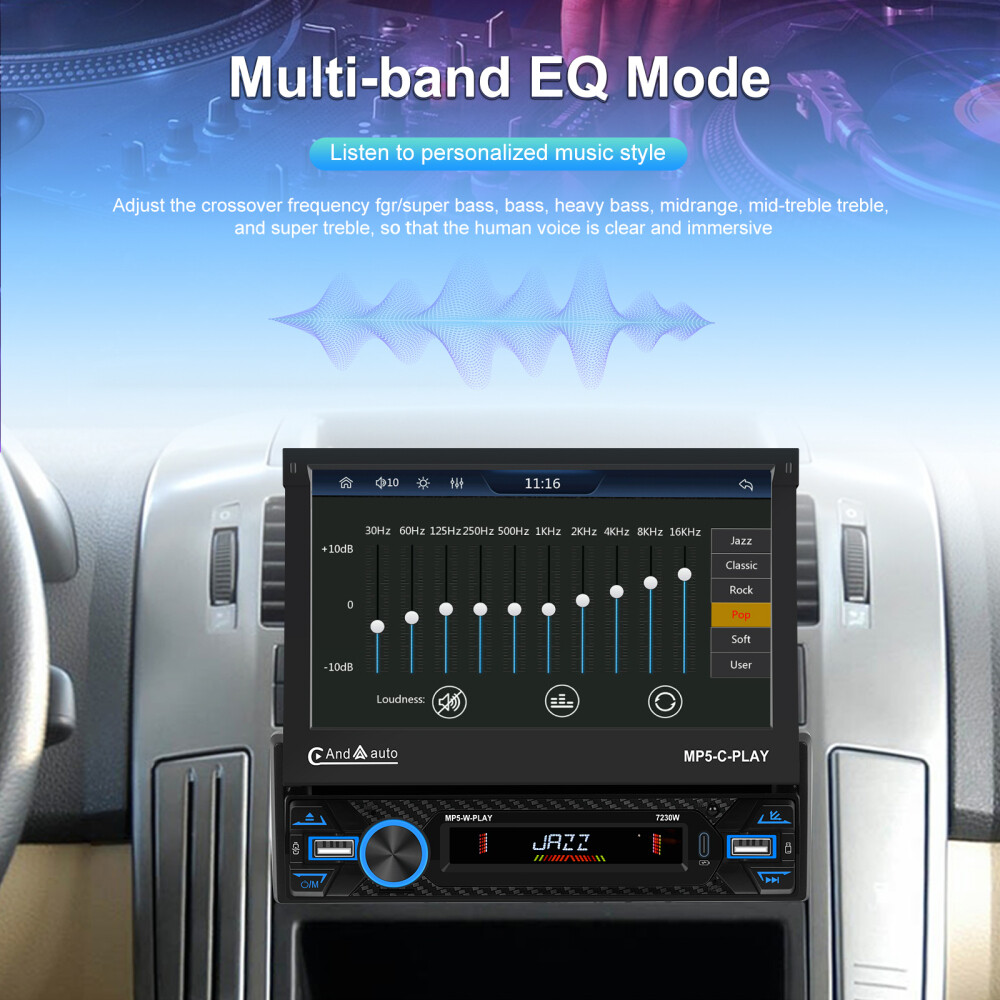 7″ Single 1DIN Car Stereo electric CarPlay Touch Screen USB MP5 Player Flip Out