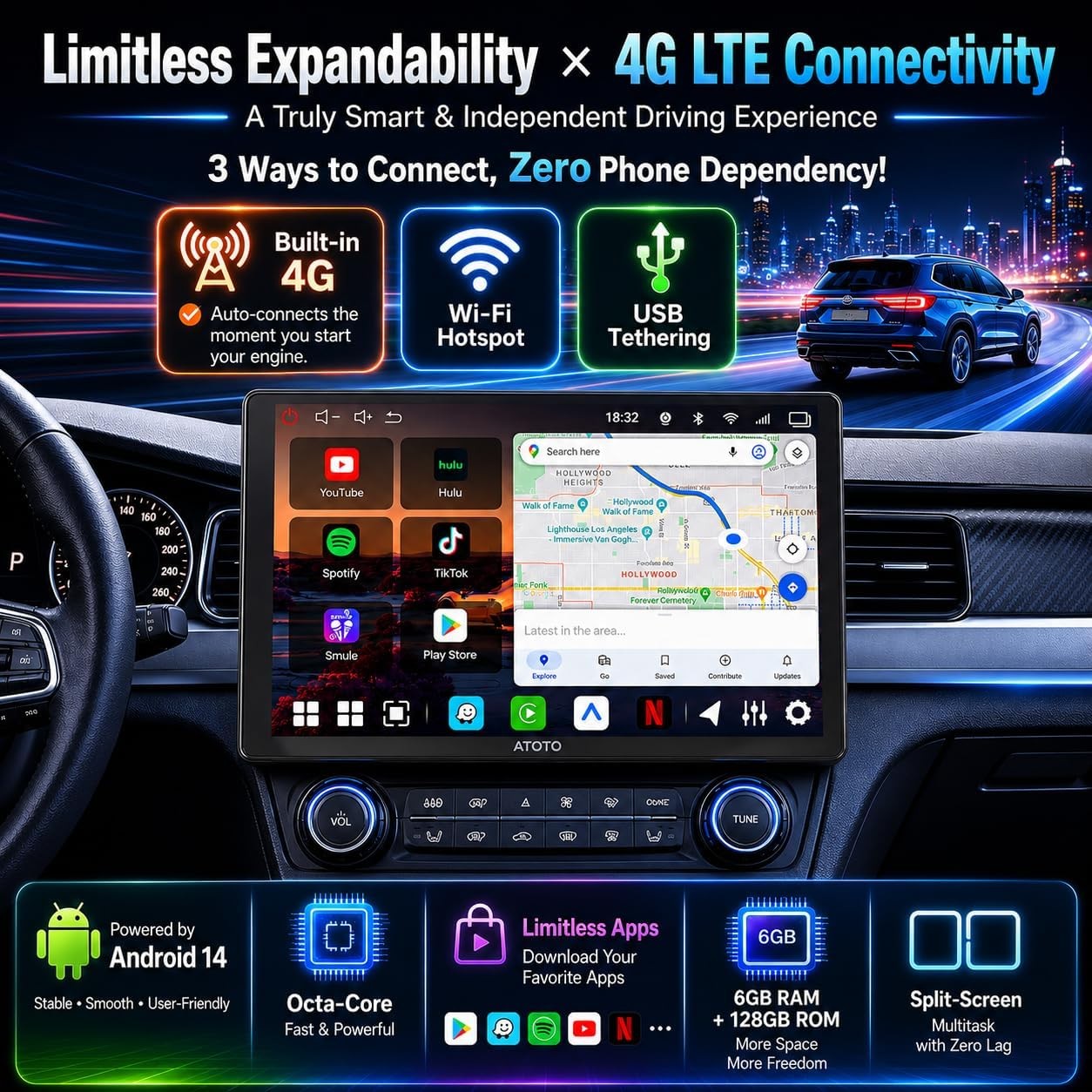 ATOTO V10 10.1” Android 14 Double Din Car Stereo CarPlay & Android Auto 6+128G