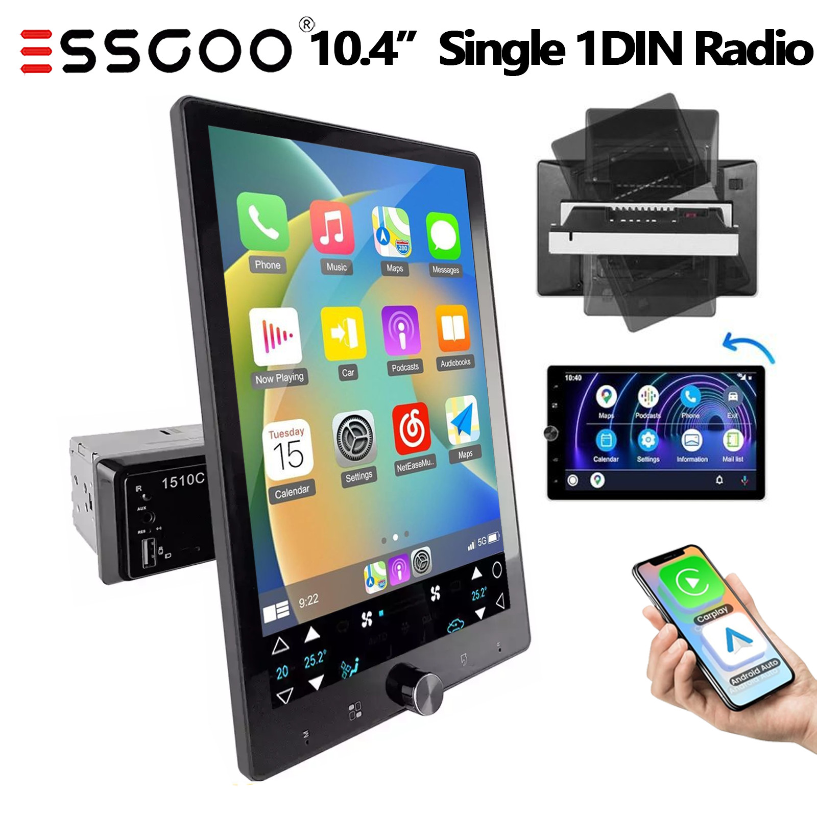 Single 1Din 10″ Touch Screen Stereo Bluetooth Car Radio Apple/Android Carplay FM