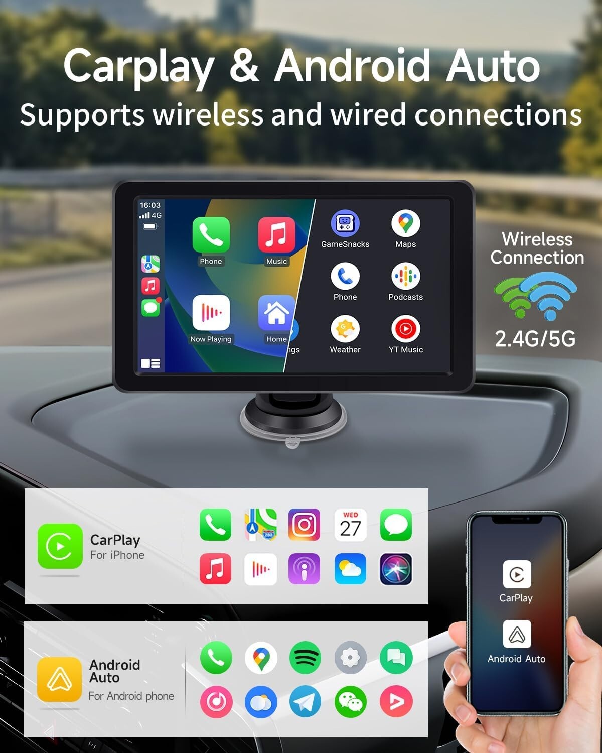 Portable Carplay and Android Auto w/ Bluetooth or Wired Connection