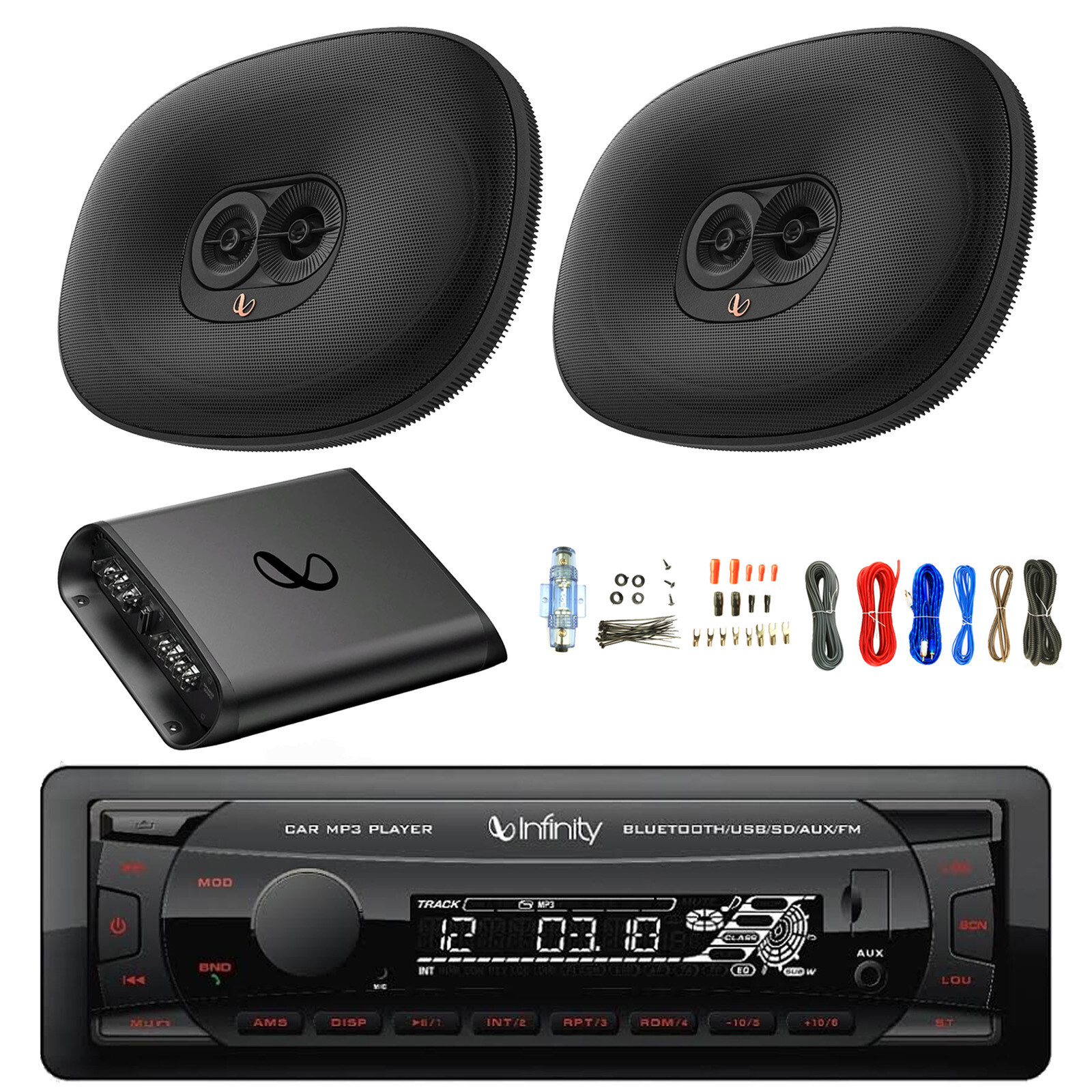 Infinity Single DIN Bluetooth MP3 Receiver, 2x 6×9″ 180W Speakers, Amp w/Kit