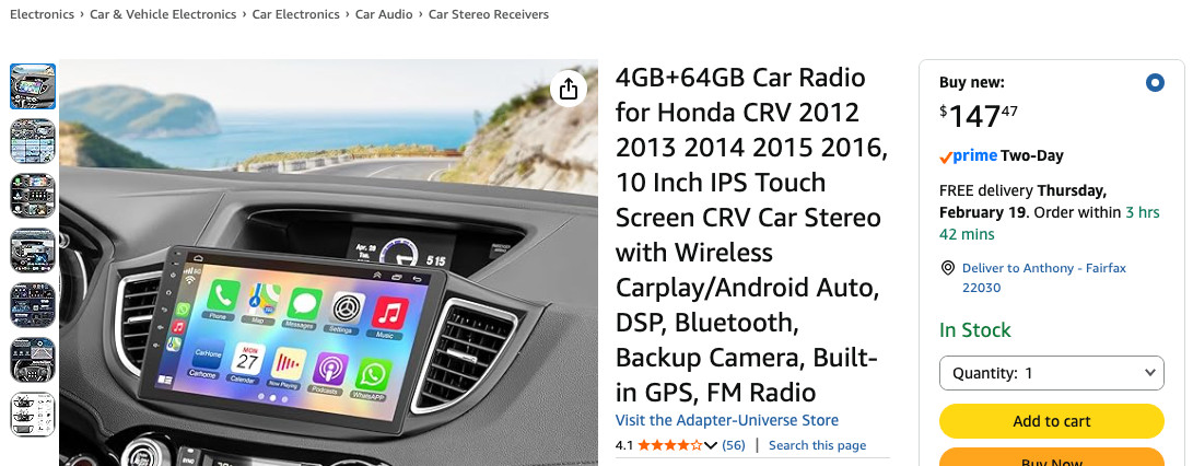 For Honda CRV 2012-2016 10.1″Car Stereo Apple CarPlay Android 13 Radio GPS Navi