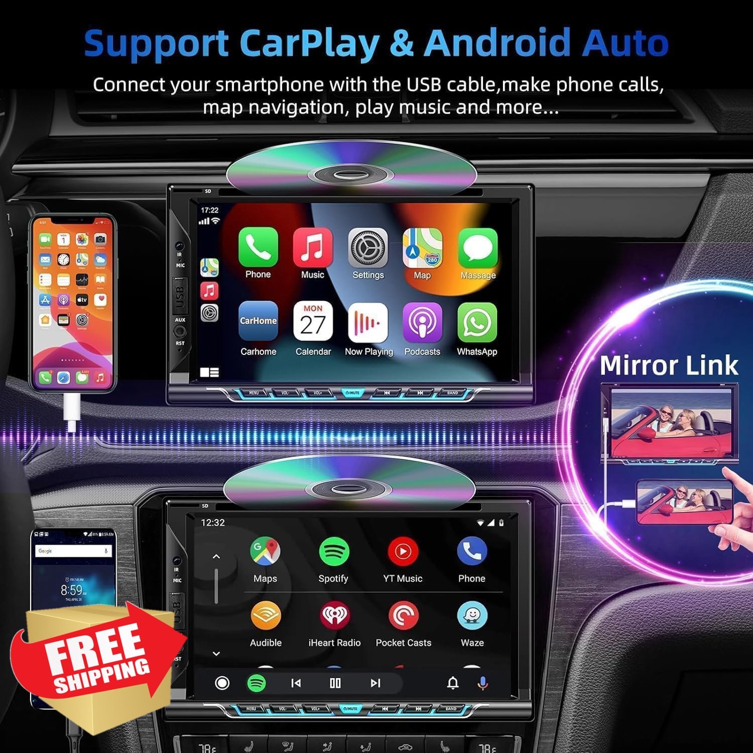 Double Din Car Stereo CD DVD Player 7″ Touchscreen CarPlay Android Auto Bluet…
