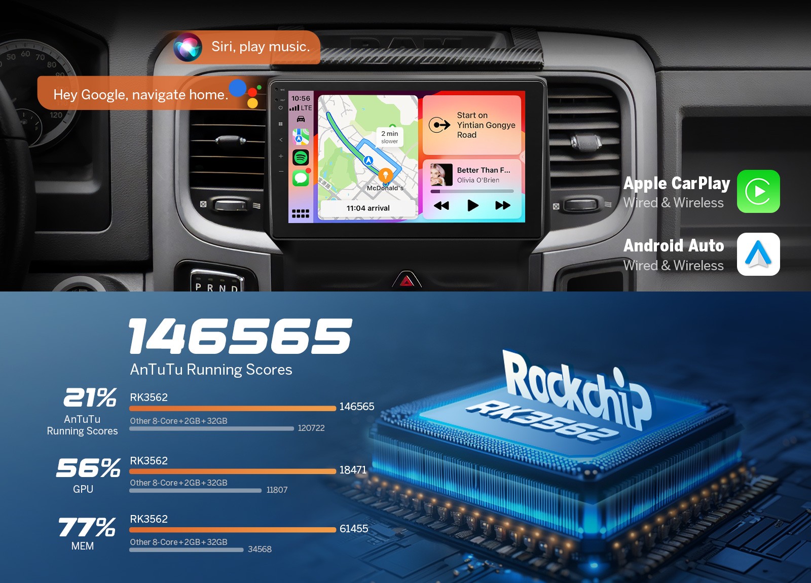Android 14 4+64GB 9″ Car Stereo GPS CarPlay Radio for Ram 1500 Classic 2019-2024
