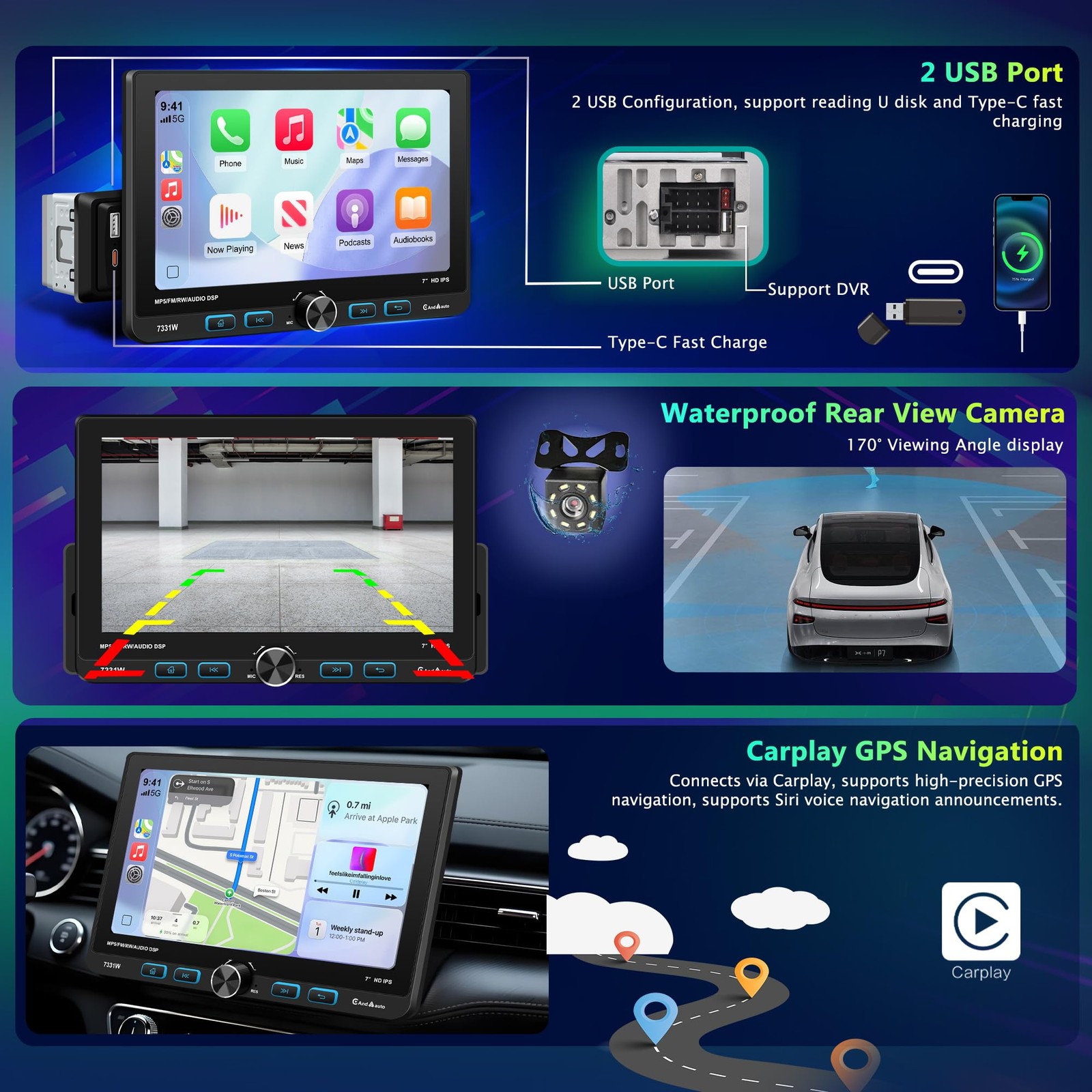 7″ Single Din Touchscreen Radio, Floating Car Stereo with Wireless Apple CarP…