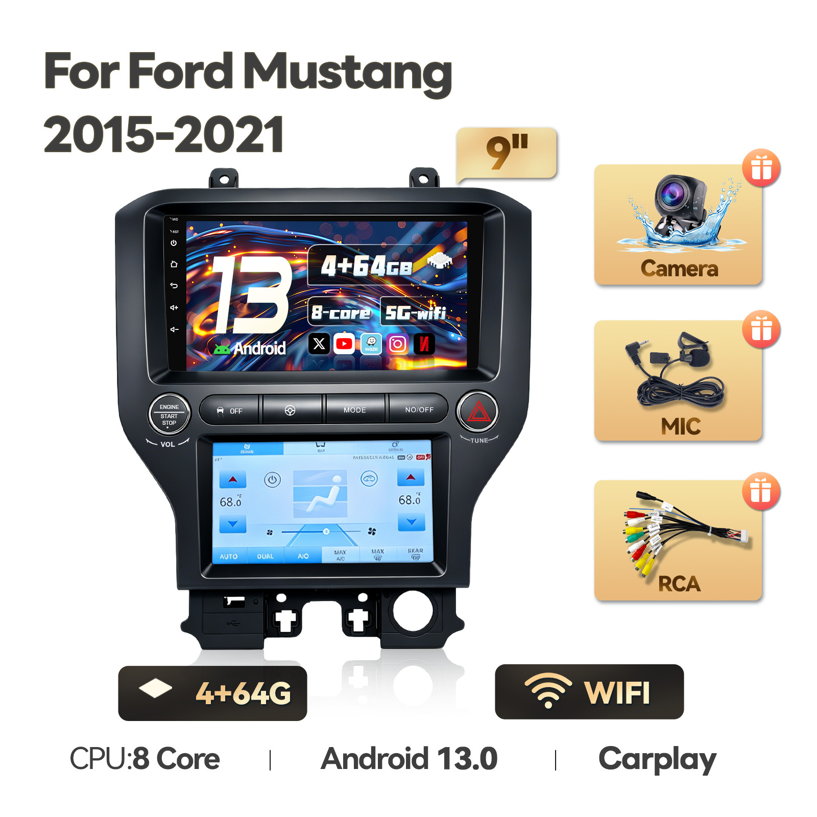 4+64G Car Stereo touch Radio GPS WIFI For Ford Mustang 2015-2021 CarPlay Android