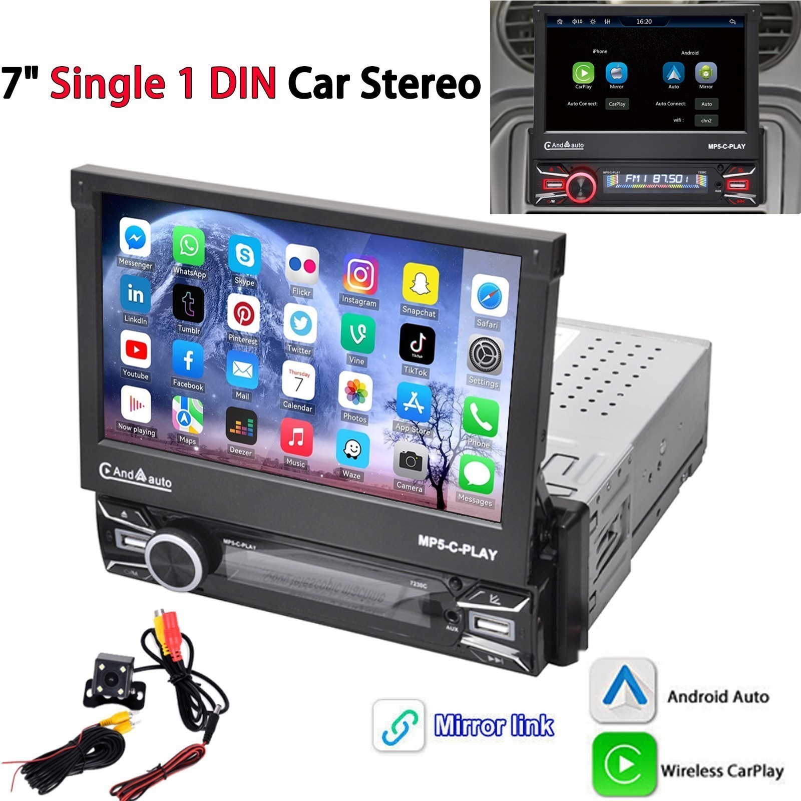 7″ Single 1 DIN Car Stereo Radio Flip Out Touch Screen Carplay MP5 BT +Cam FM