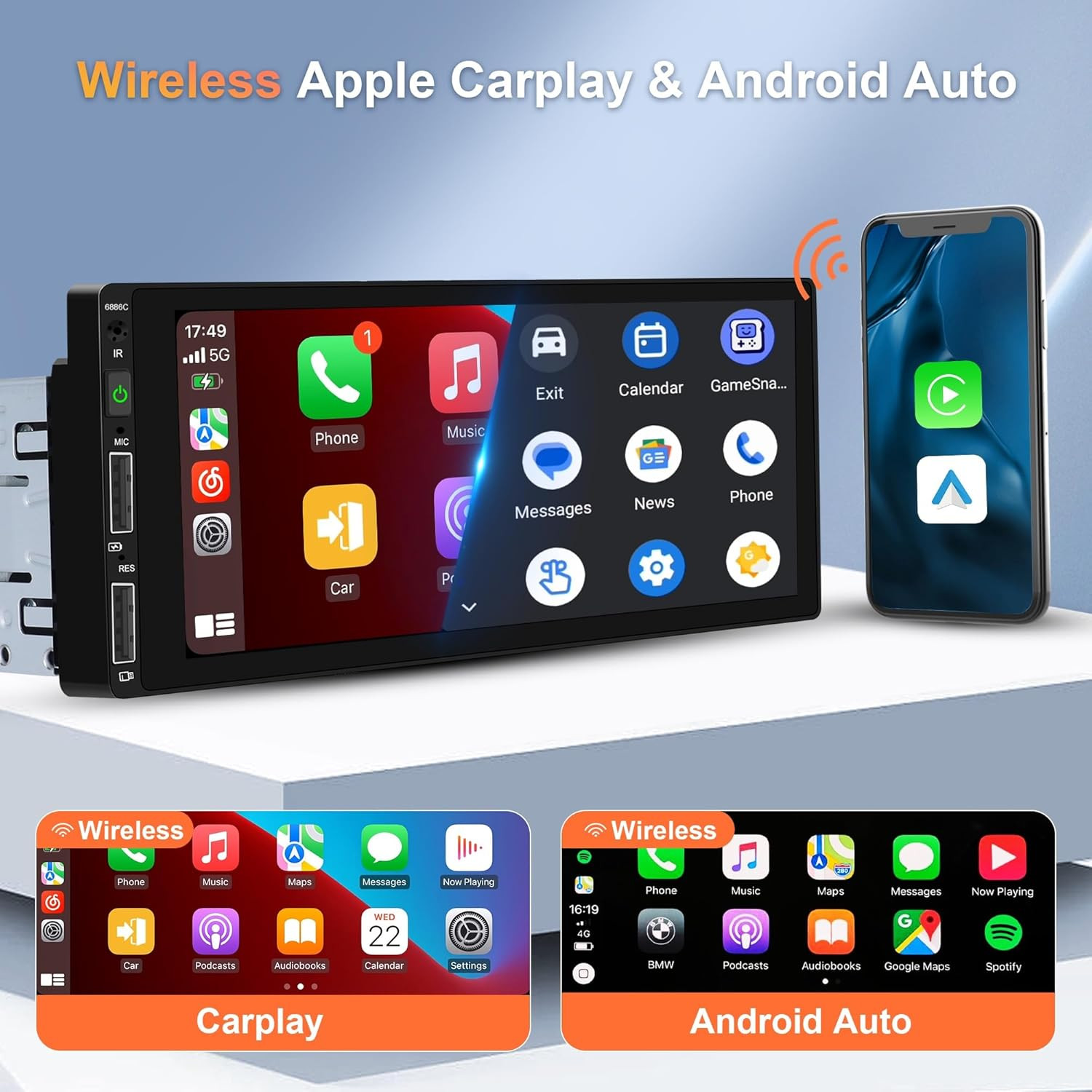 Single Din Car Stereo Wireless Carplay Car Radio Bluetooth 5.0, 6.86″ Touchscre