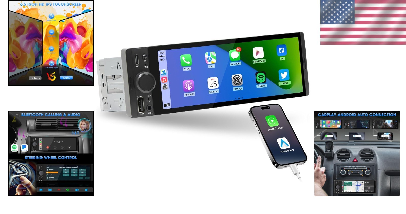 Single Din 6.5 Inch Touchscreen Stereo with Apple CarPlay & GPS for Classic Cars
