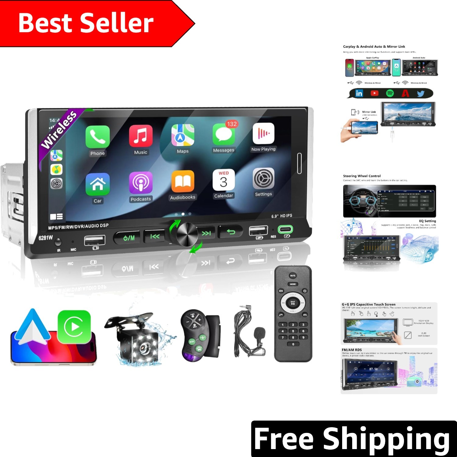 Wireless CarPlay and Android Auto Car Stereo with Night Vision Backup Camera