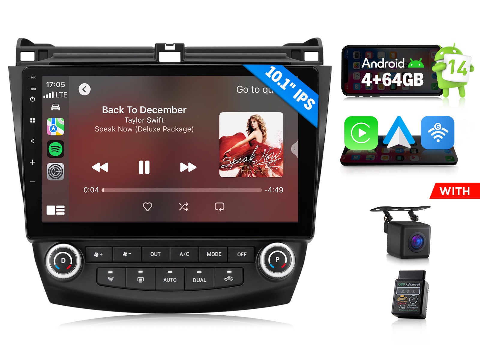 CAM+OBD+For Honda Accord 03-07 10.1″Android 14 4+64 Car Stereo CarPlay Bluetooth