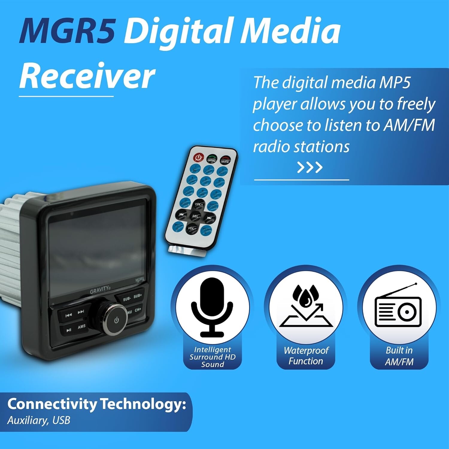 Gravity Marine Stereo Receiver 12V, 200W, 4.1″ LCD USB, SD, AUX, FM , Bluetooth