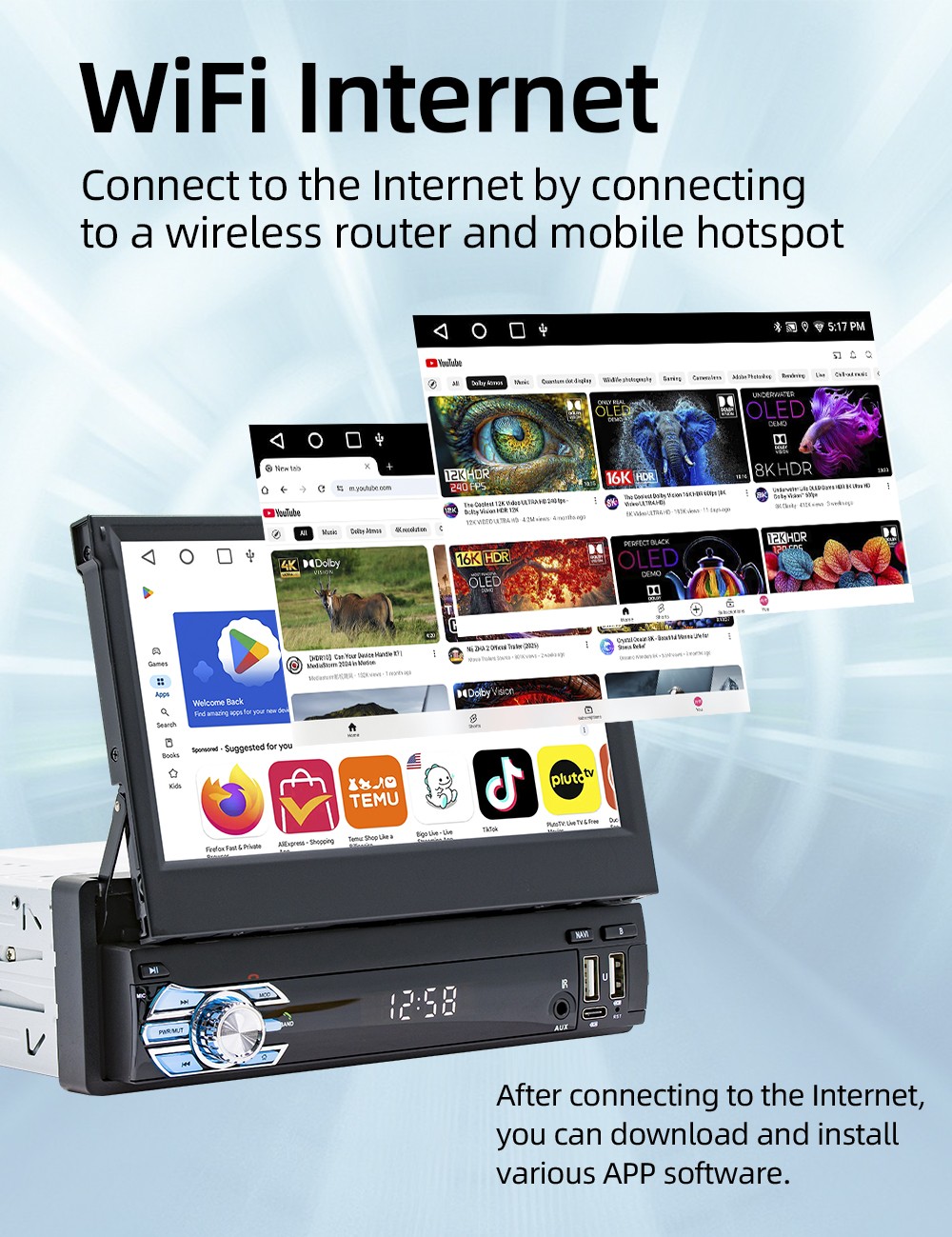 7″ Single 1 DIN Android 15 Flip Out Screen Carplay Car Stereo USB WIFI 64G+AHD