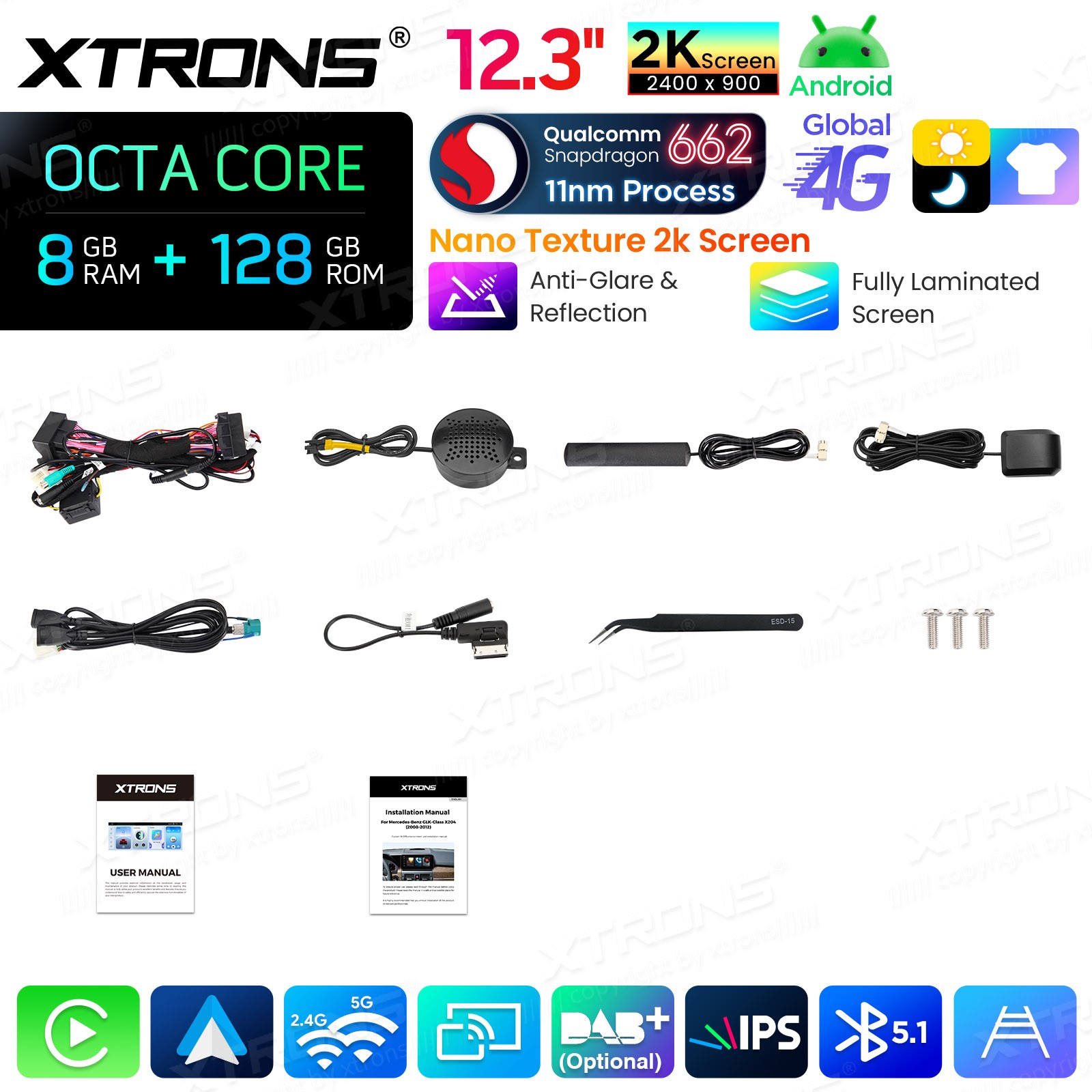 Qualcomm 662 Android 14 for Mercedes GLK X204 12.3″ 2K Screen 8GB 128GB 4G Wi-Fi