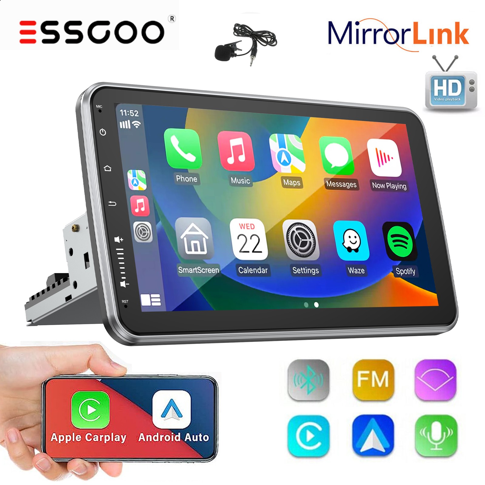 4G+64G 10” Single 1 DIN Carplay Android 14 Car Stereo Radio Rotatable GPS WIFI