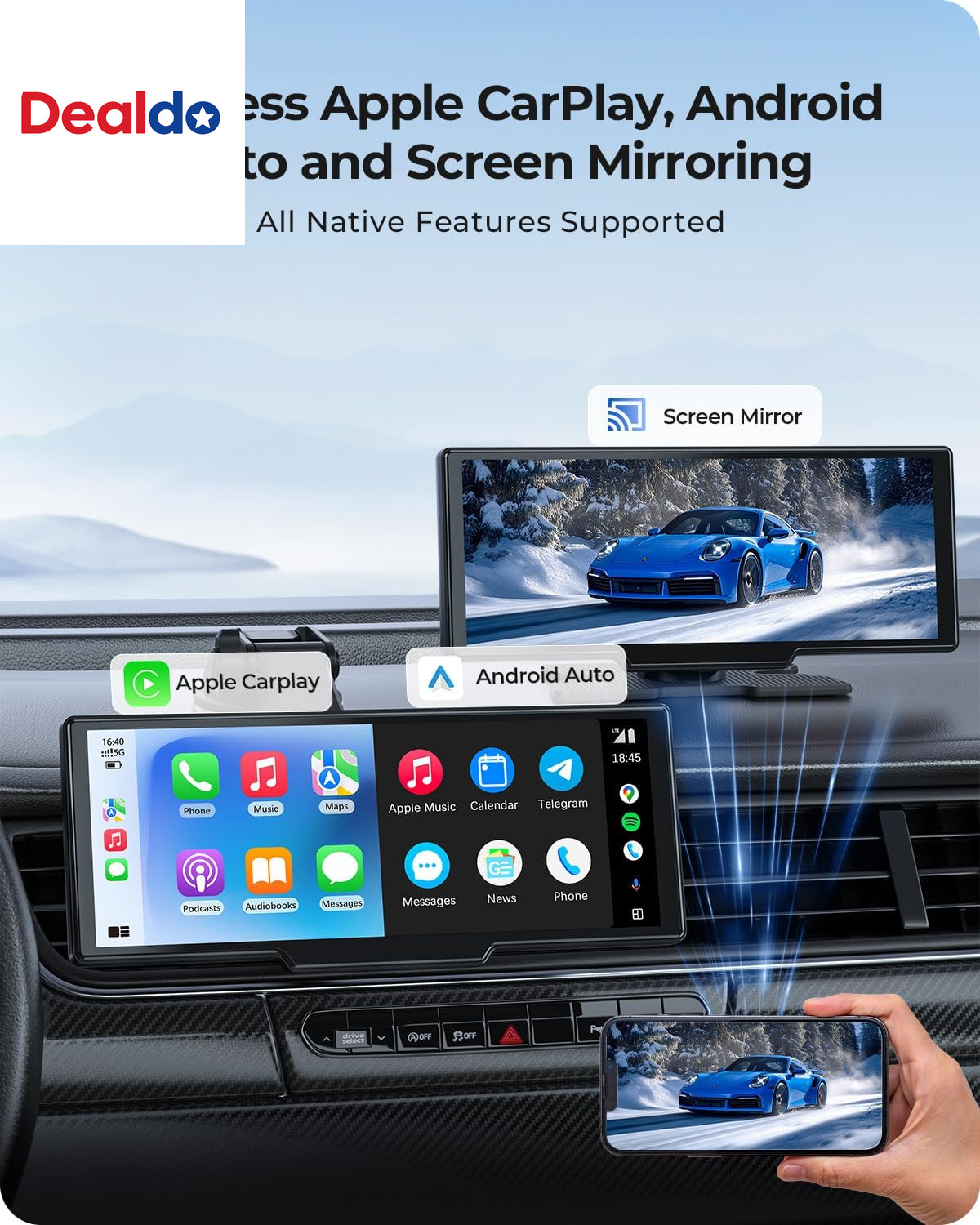 9.26″ Carplay Screen with 4K Dash Cam & HD Backup Camera, Wireless Portable Car